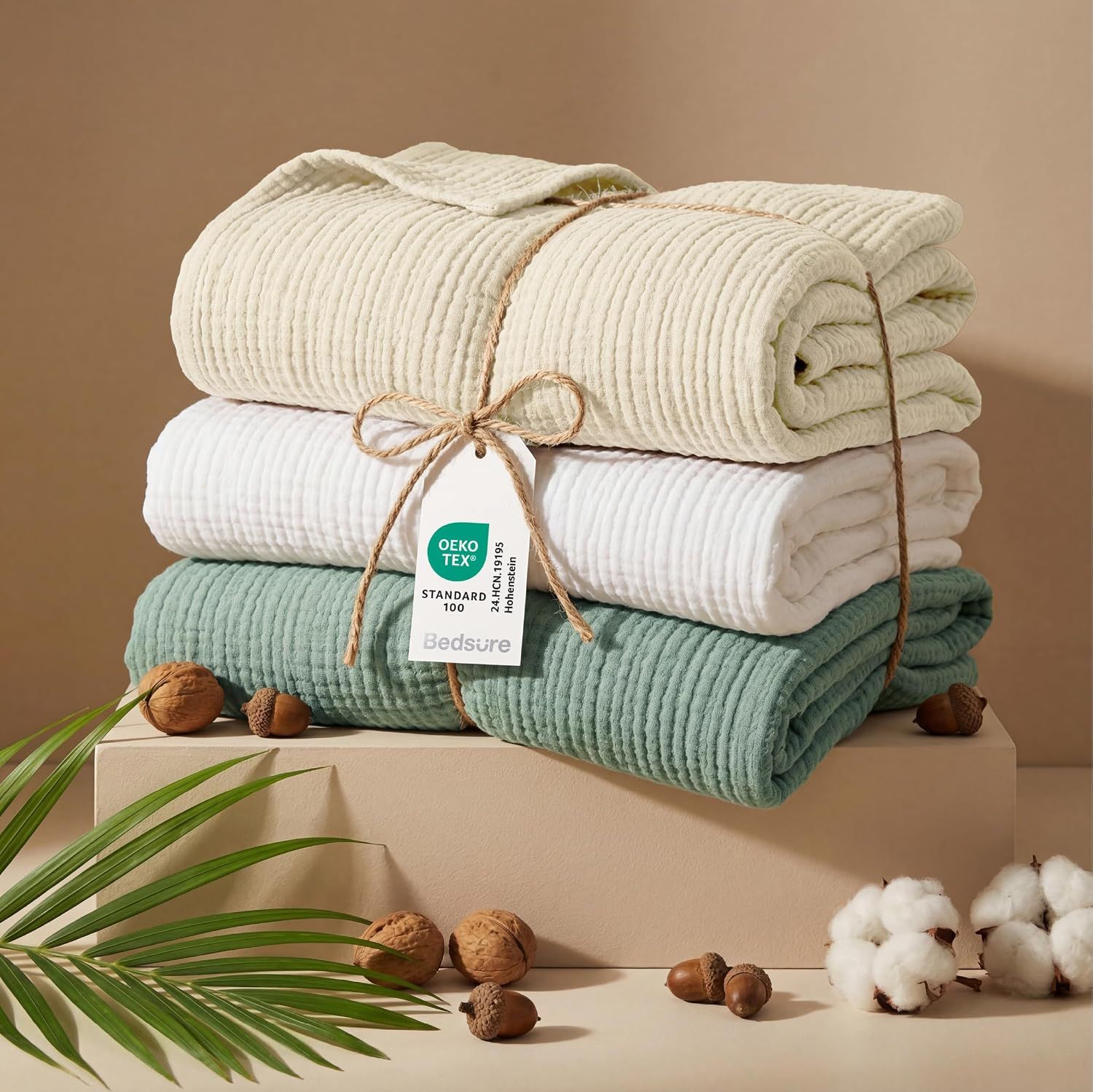 Showcases the brand's product lineup with multiple color options available and emphasizes the OEKO-TEX certification to build brand trust and help shoppers choose their preferred variant.