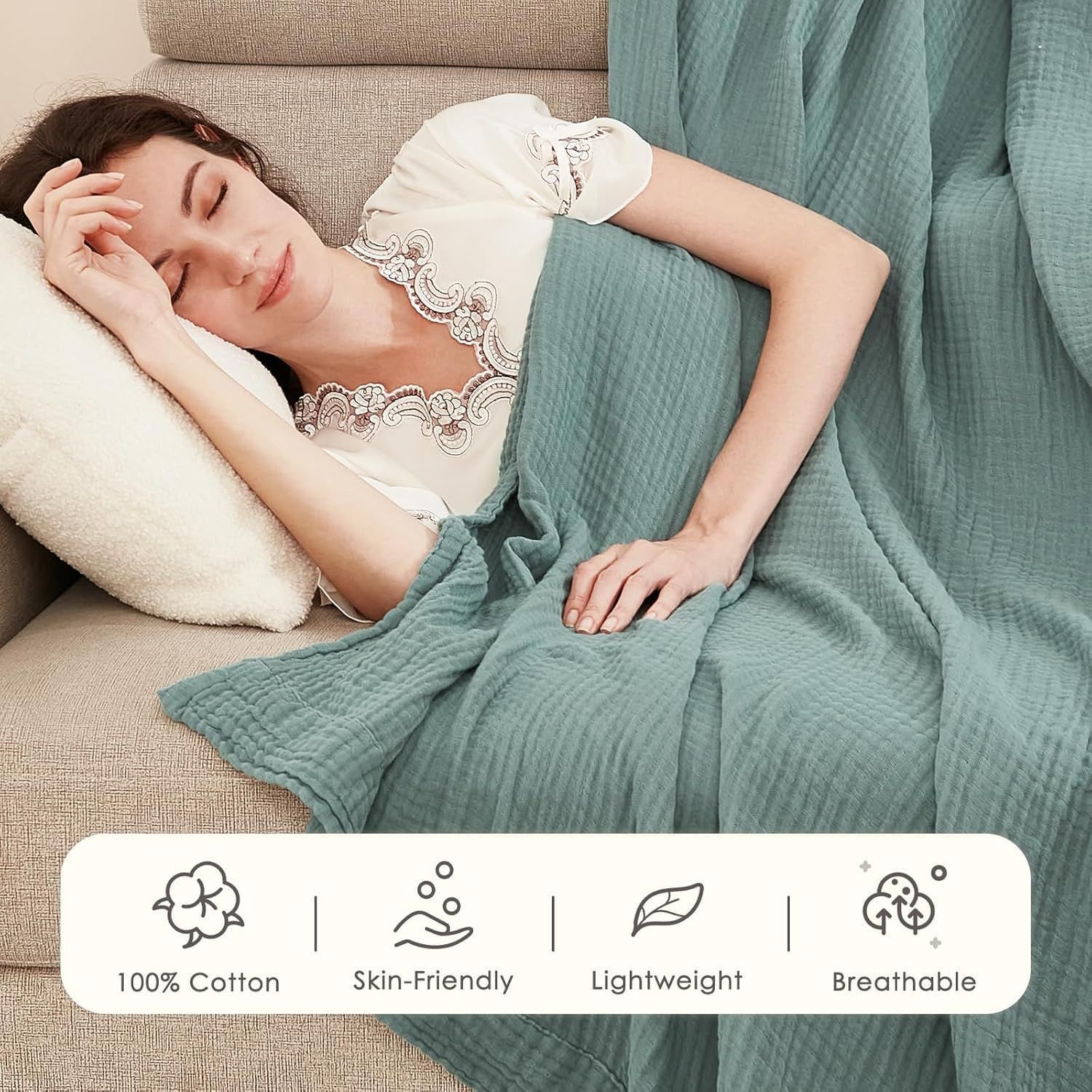 Highlights four key material benefits in a segmented icon layout to reassure shoppers about comfort, quality, and breathability.