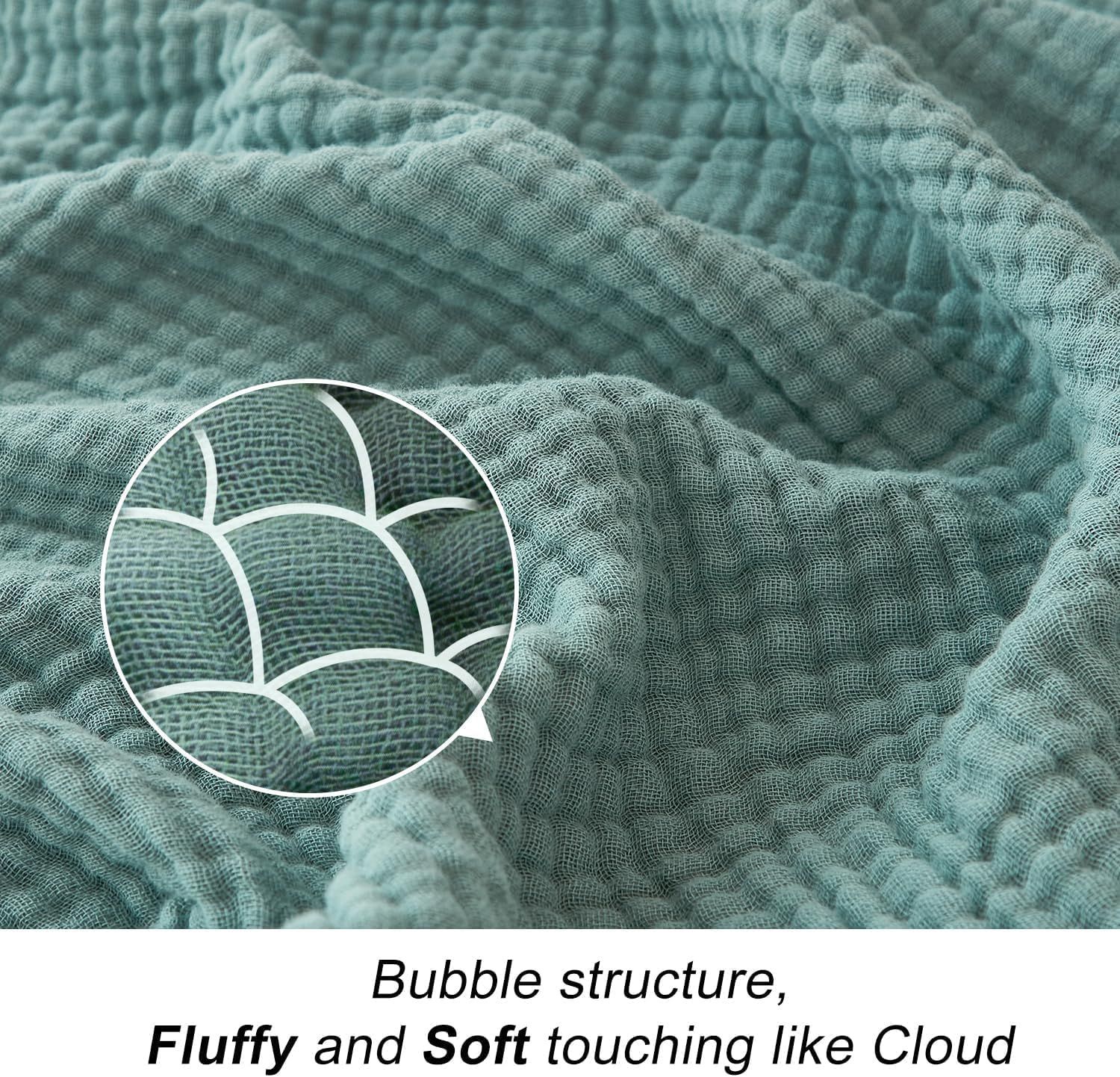Uses a zoom-in circle to highlight the physical bubble weave structure of the blanket, emphasizing its fluffy and soft tactile quality. Communicates the blanket's soft, fluffy, cloud-like feel as a…