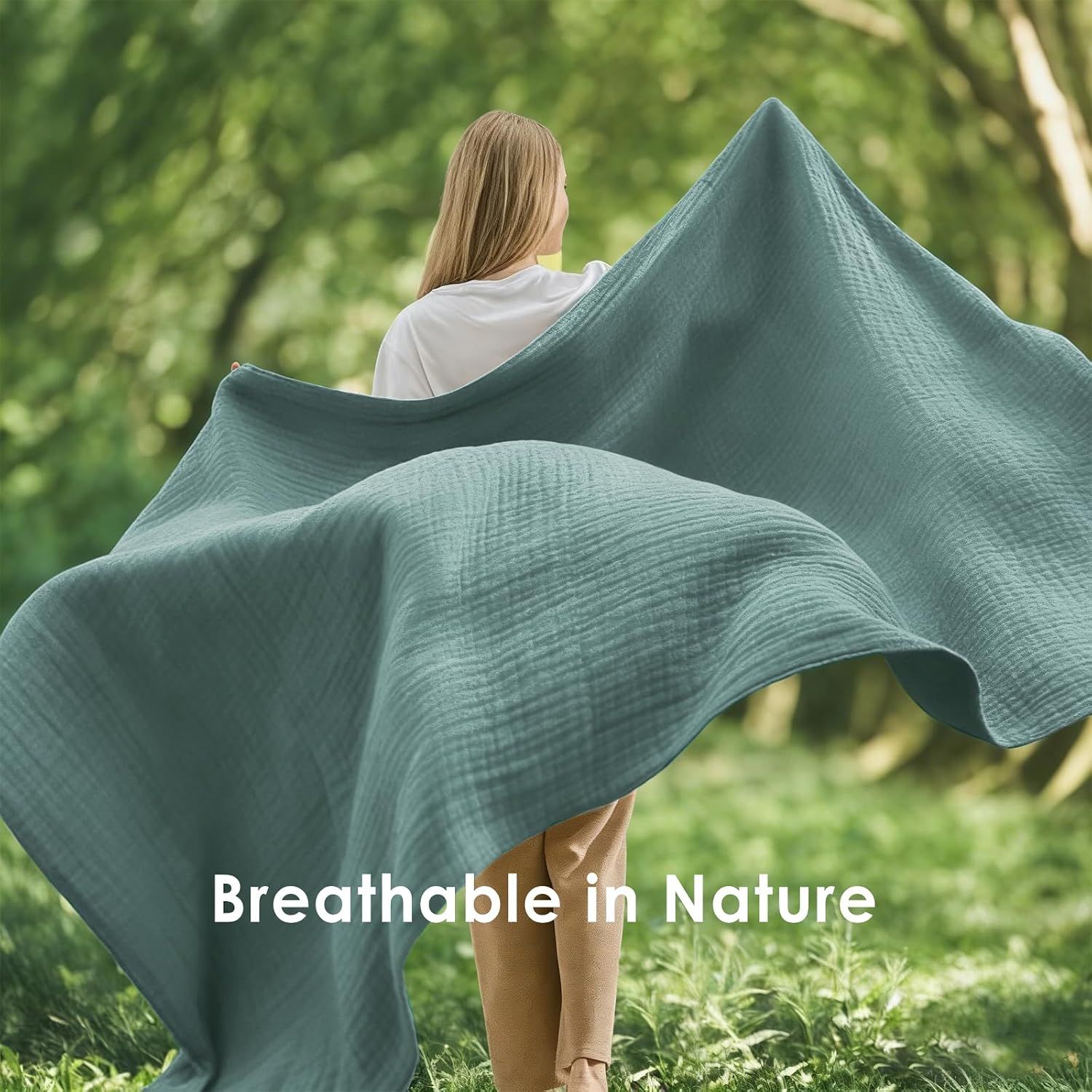 Showcases the blanket's breathability in a natural outdoor setting, reinforcing comfort and airflow as a key benefit.