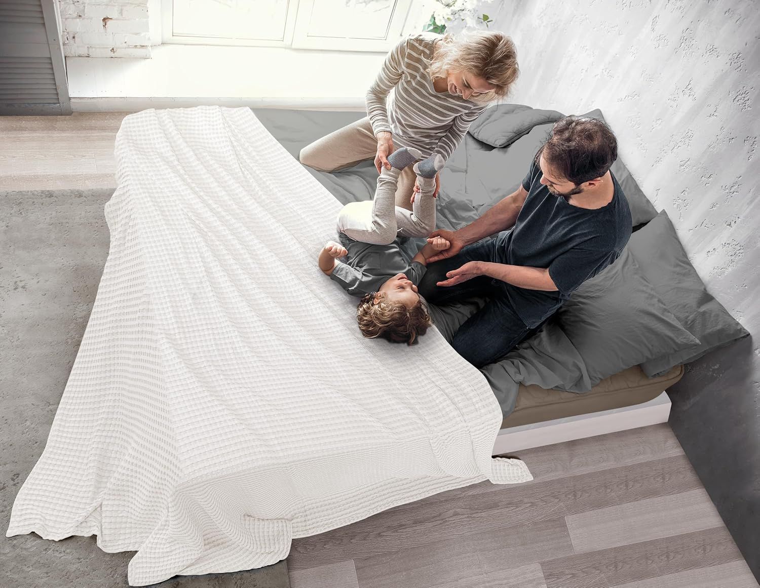 Shows the product in a real-world family setting to help shoppers visualize its use in their own home.