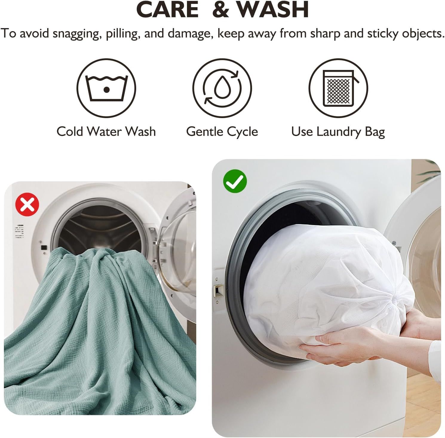 Provides step-by-step care and washing instructions with visual do's and don'ts to help shoppers maintain the blanket properly and avoid damage.