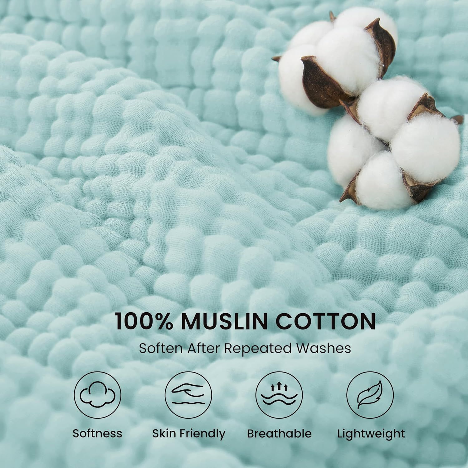 Highlights multiple material benefits of the muslin cotton blanket including softness, skin-friendliness, breathability, and lightweight properties to reassure shoppers of quality and comfort.
