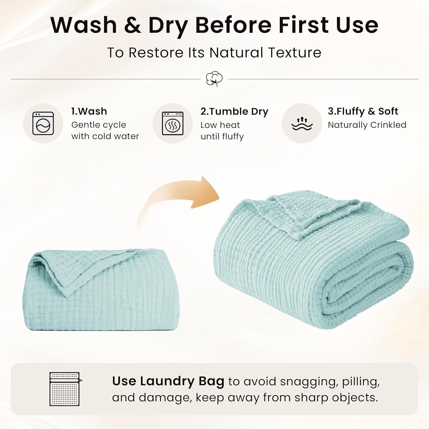 Provides step-by-step care instructions for washing and drying the blanket to restore its natural texture and maintain quality.