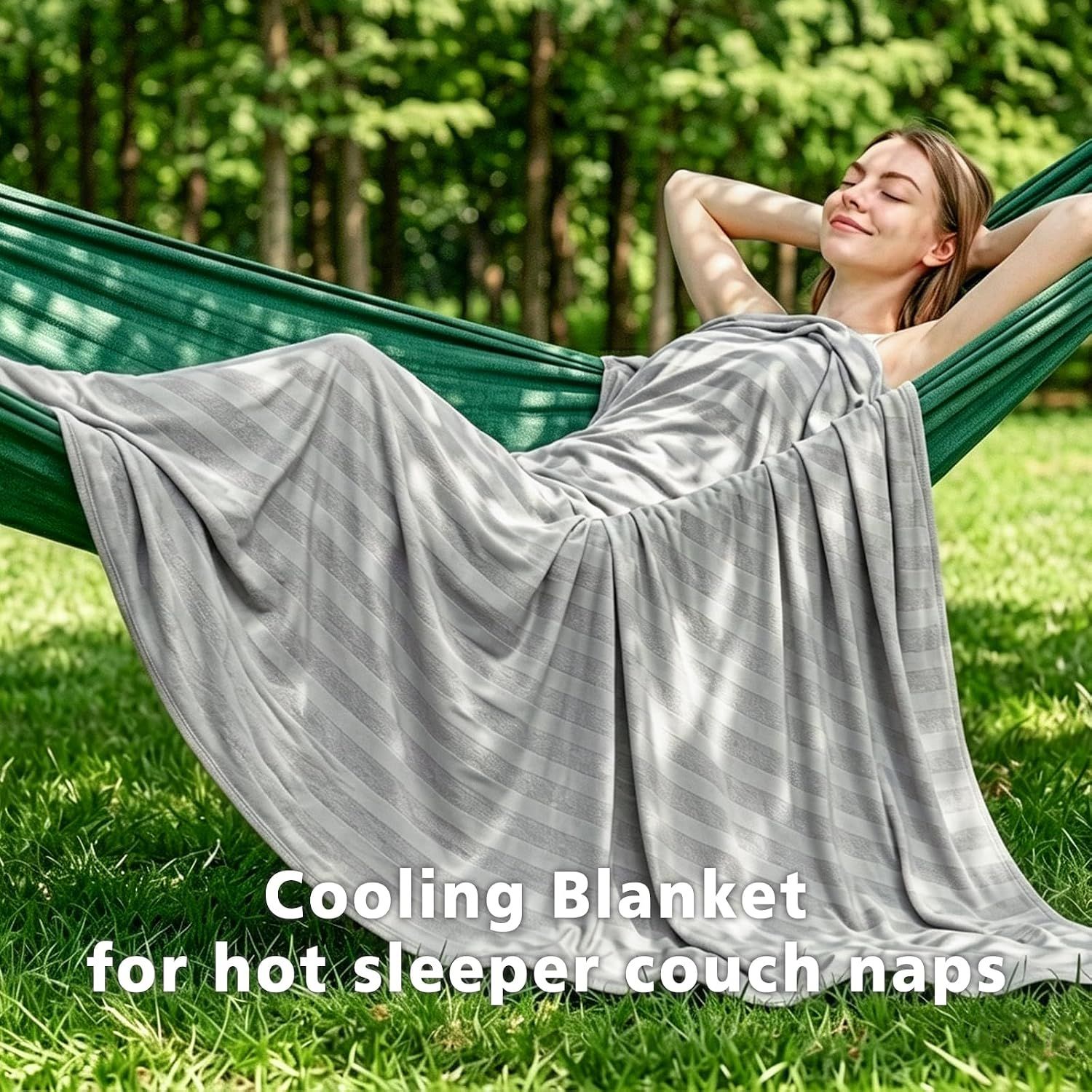 Shows the cooling blanket can be used in multiple scenarios including hot sleeper use, couch naps, and outdoor hammock relaxation.