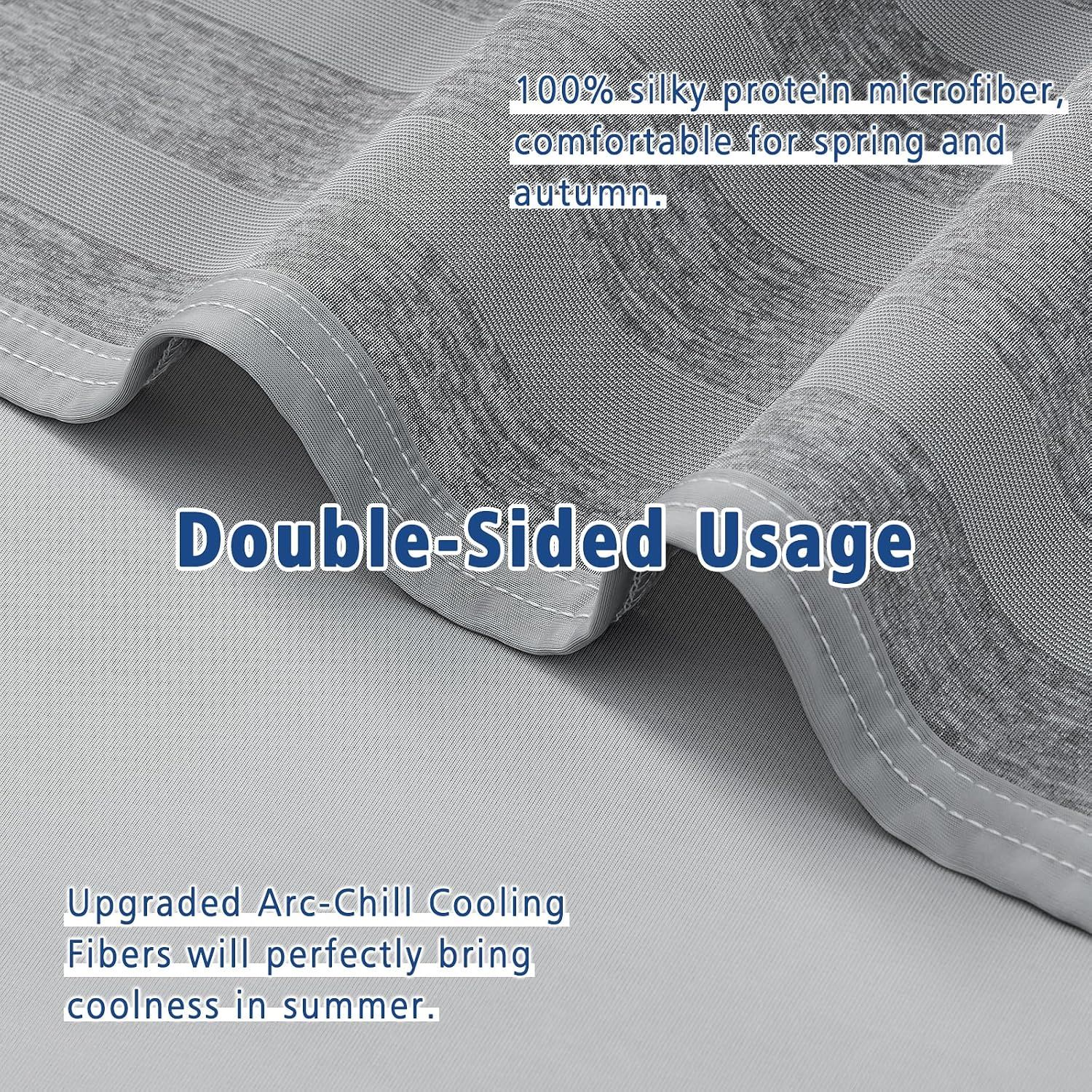 Highlights the blanket's double-sided design with 100% silky protein microfiber, emphasizing versatility for spring and autumn use and the upgraded Arc-Chill cooling technology.