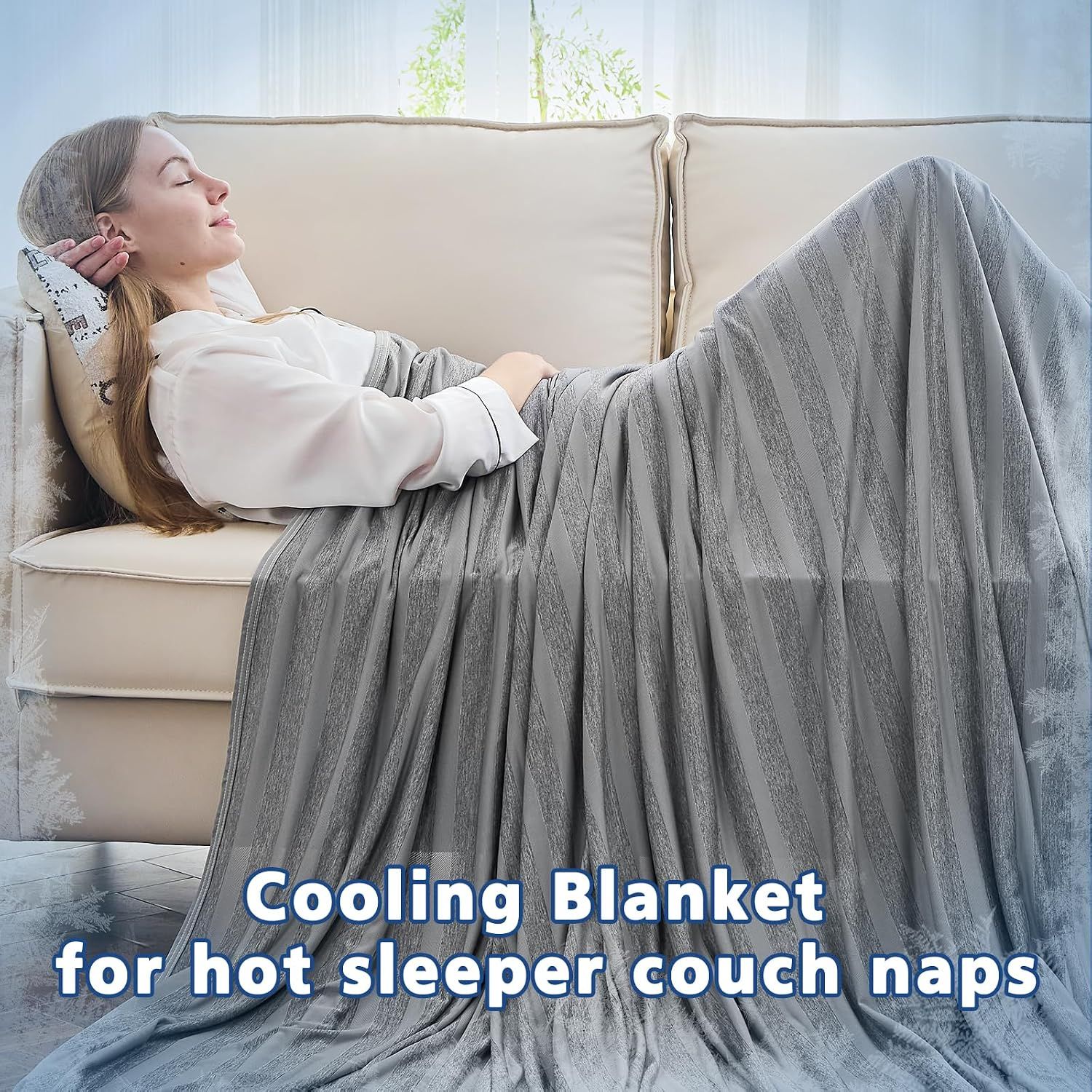 Demonstrates the cooling blanket's versatility for hot sleepers, couch naps, and relaxation scenarios.