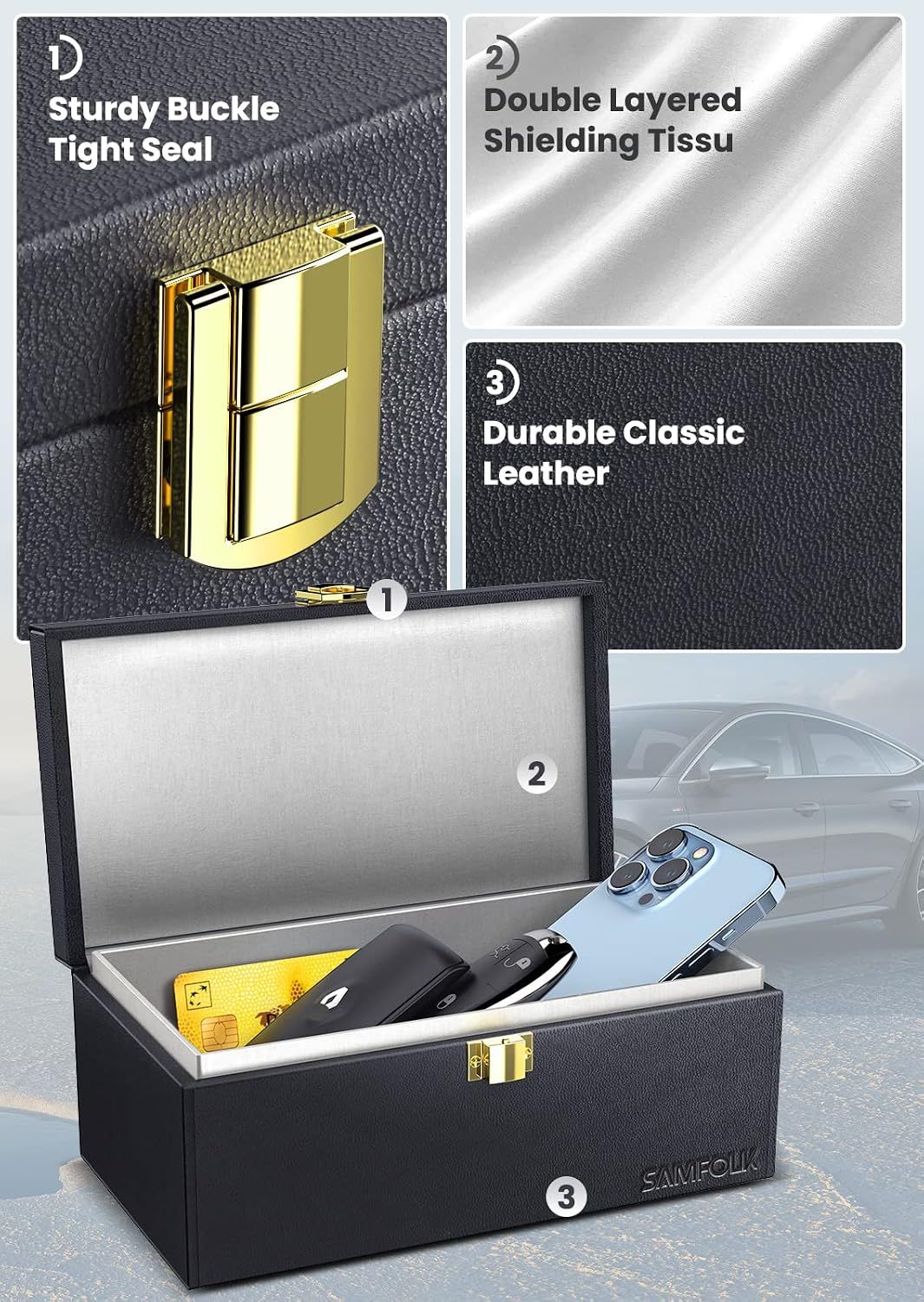 Breaks down the physical construction of the Faraday box by highlighting three key components: the secure buckle closure, the double-layered signal-blocking fabric, and the premium leather exterior.…