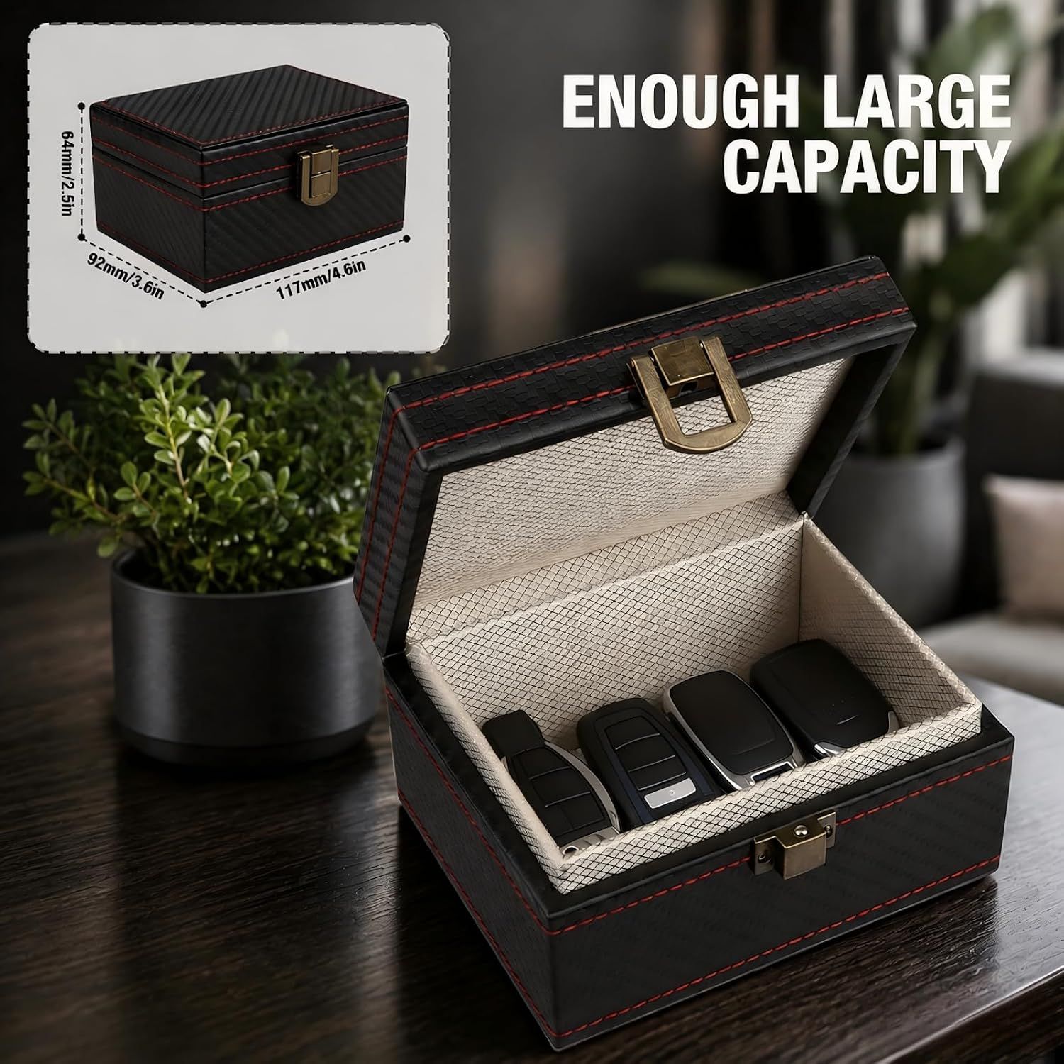 Highlights the box's generous storage capacity with exact dimensions to reassure shoppers it can hold multiple key fobs and accessories. Demonstrates the spacious interior that can accommodate…