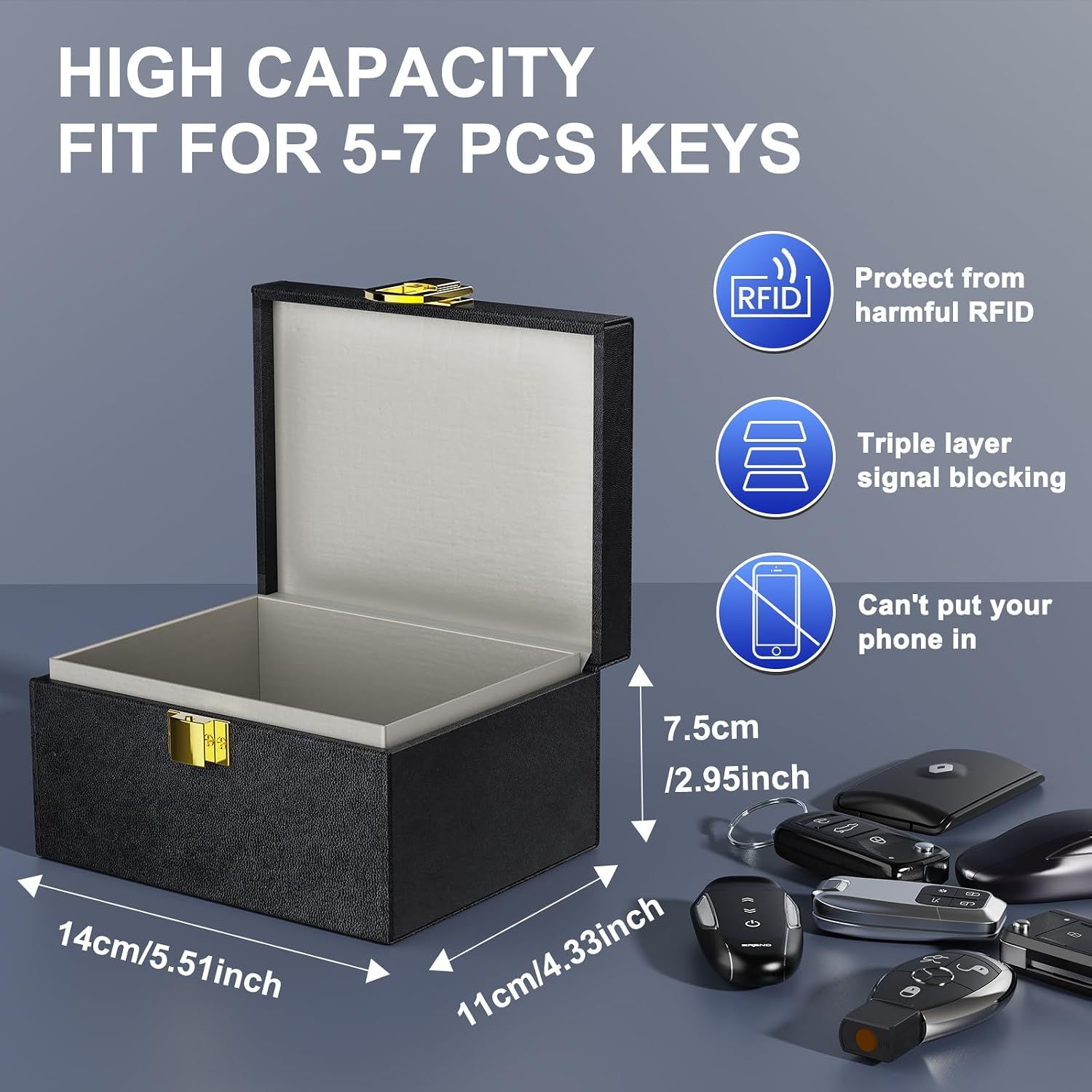 Shows the physical dimensions of the box and its capacity to hold 5-7 keys, helping shoppers understand the product's size and storage capability. Communicates multiple protective features including…