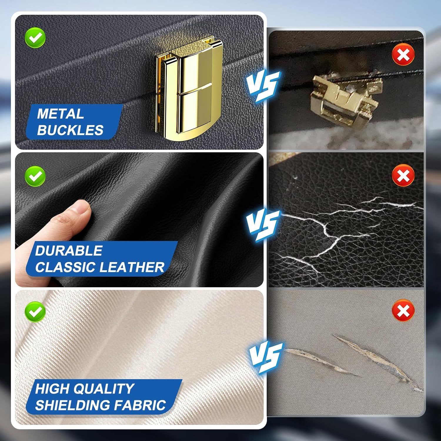 Demonstrates the product's superior quality through side-by-side comparisons with inferior alternatives, showing metal buckles vs. broken plastic, durable leather vs. cracked material, and…