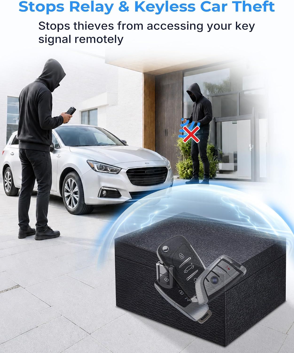 Demonstrates how the product prevents relay and keyless car theft by blocking thieves from accessing key signals remotely, providing security reassurance to car owners.