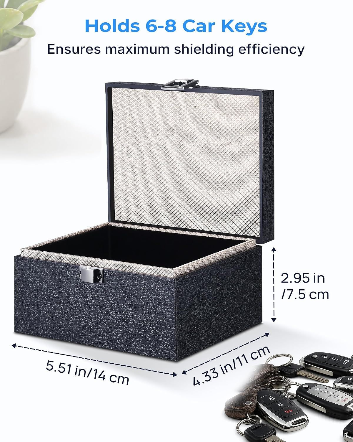 Shows the physical dimensions of the box and its capacity to hold 6-8 car keys, helping shoppers understand the product size and storage capability. Highlights the capacity metric of holding 6-8 car…