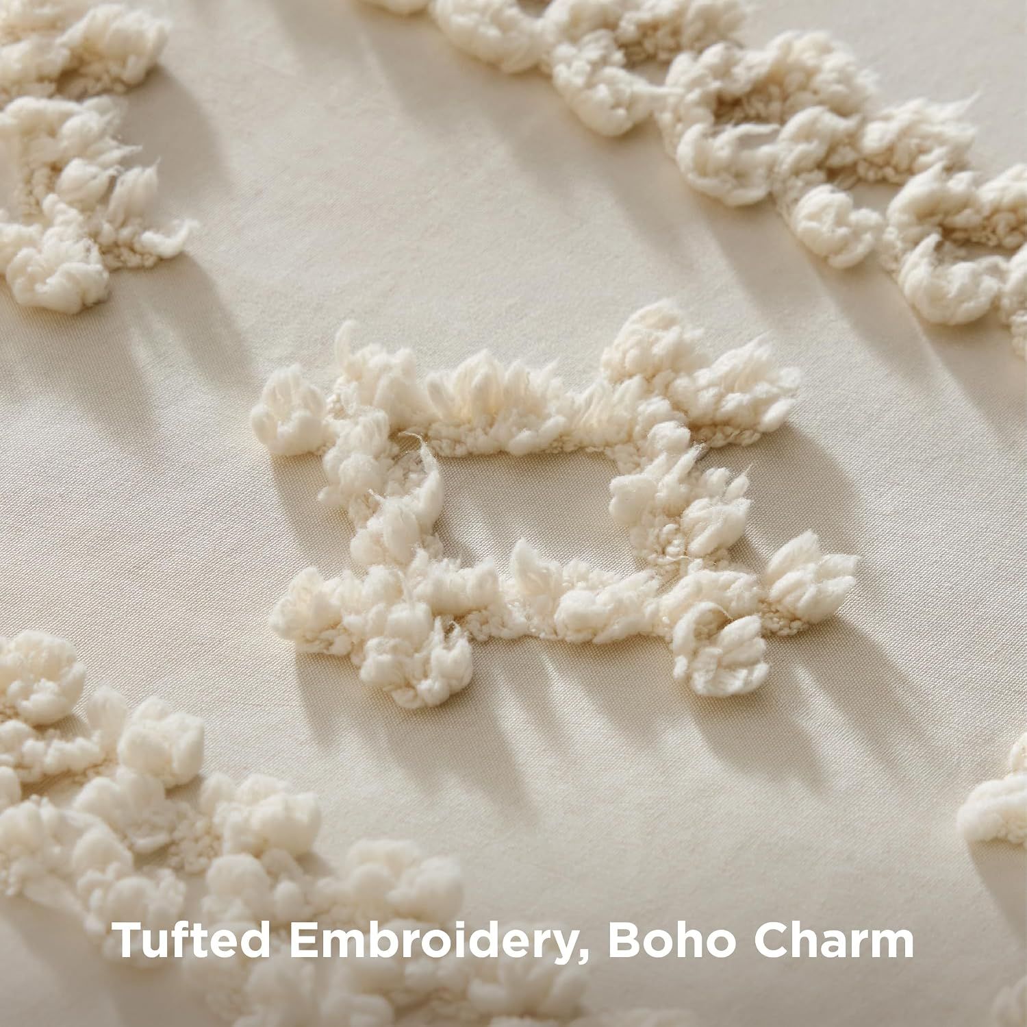 Highlights the decorative tufted embroidery detail and boho charm of the product to appeal to shoppers seeking stylish, textured bedding.