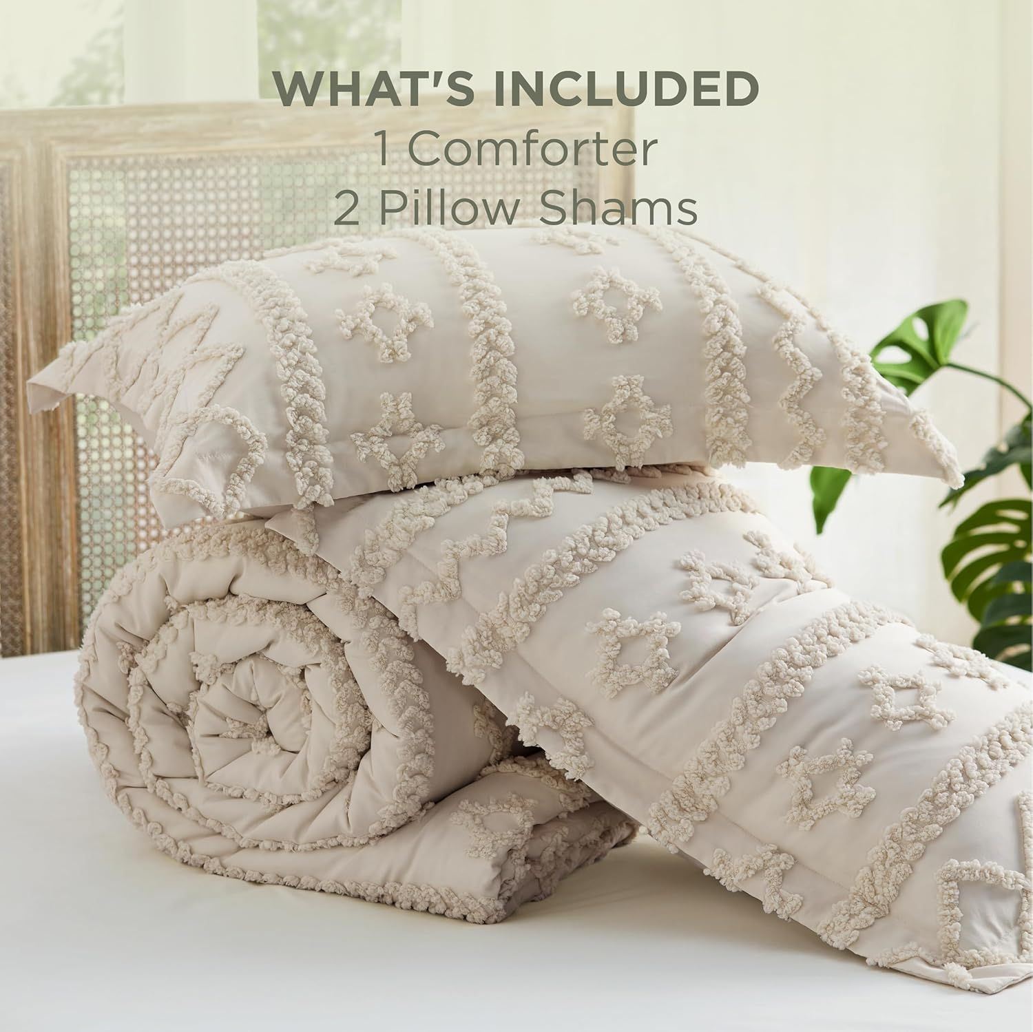 Shows everything included in the purchase (1 comforter and 2 pillow shams) to set clear expectations for shoppers about what they will receive.