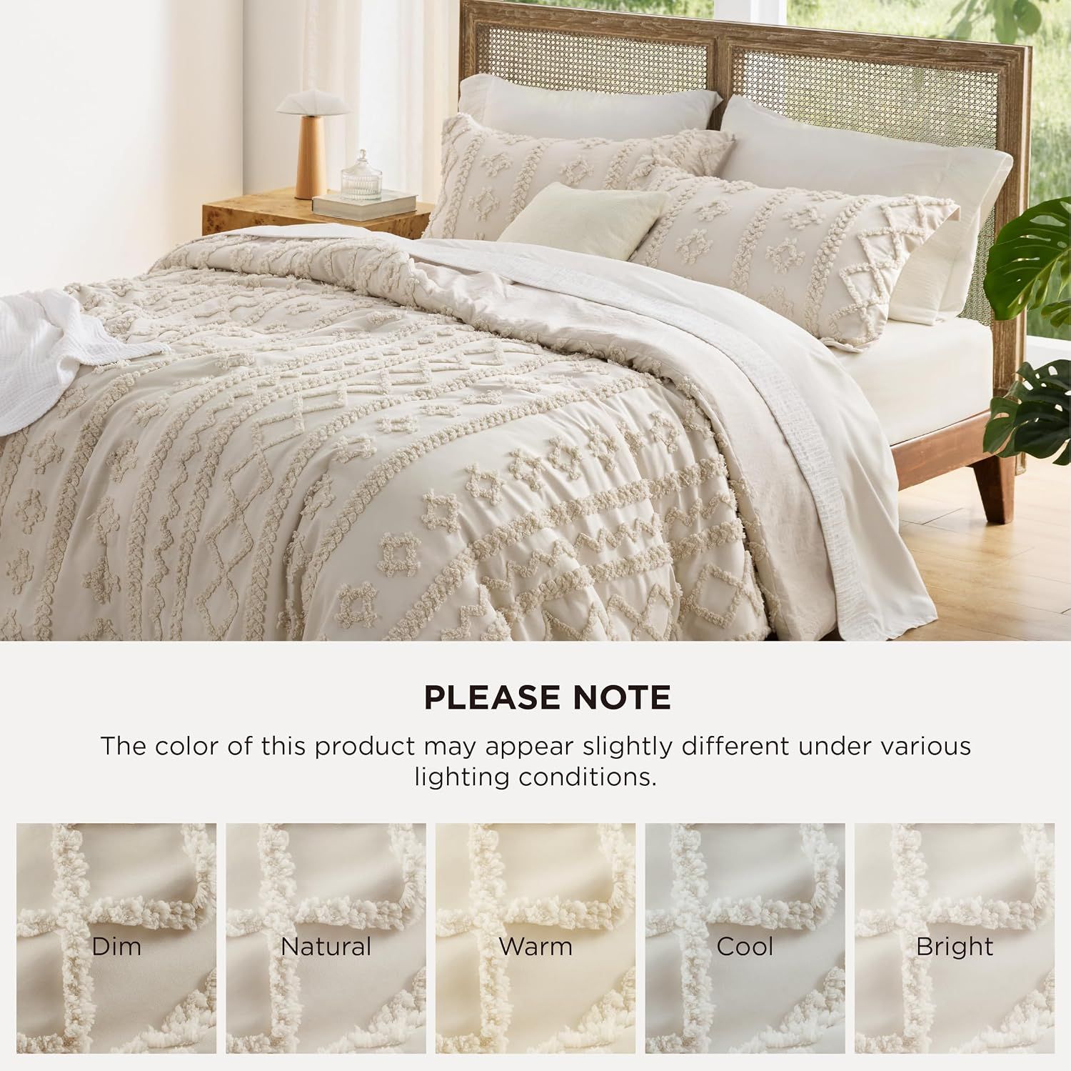 Educates shoppers on how the product color may appear under various lighting conditions (Dim, Natural, Warm, Cool, Bright) to manage expectations and reduce returns.