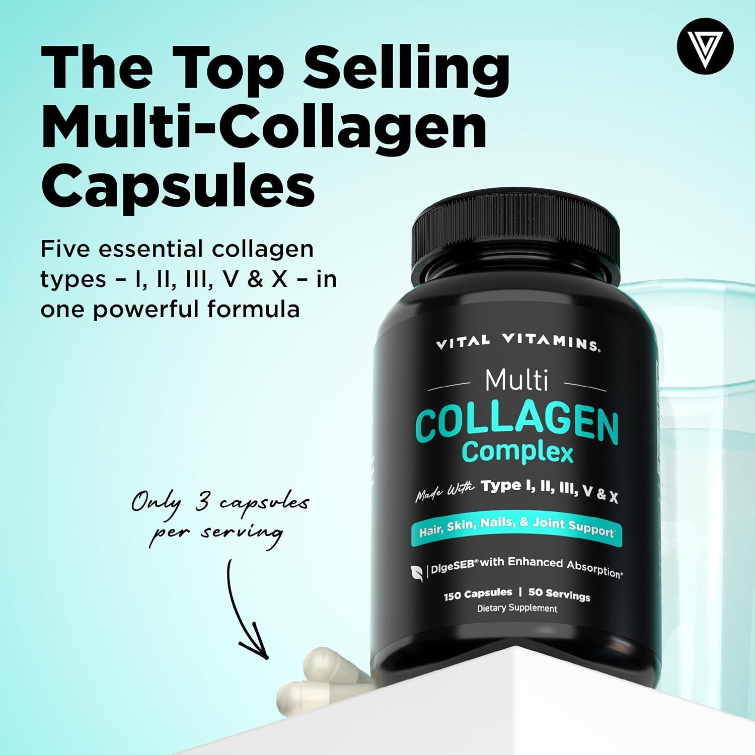 Highlights that the product is a top-selling multi-collagen supplement containing five essential collagen types in one formula, emphasizing convenience and comprehensive support.