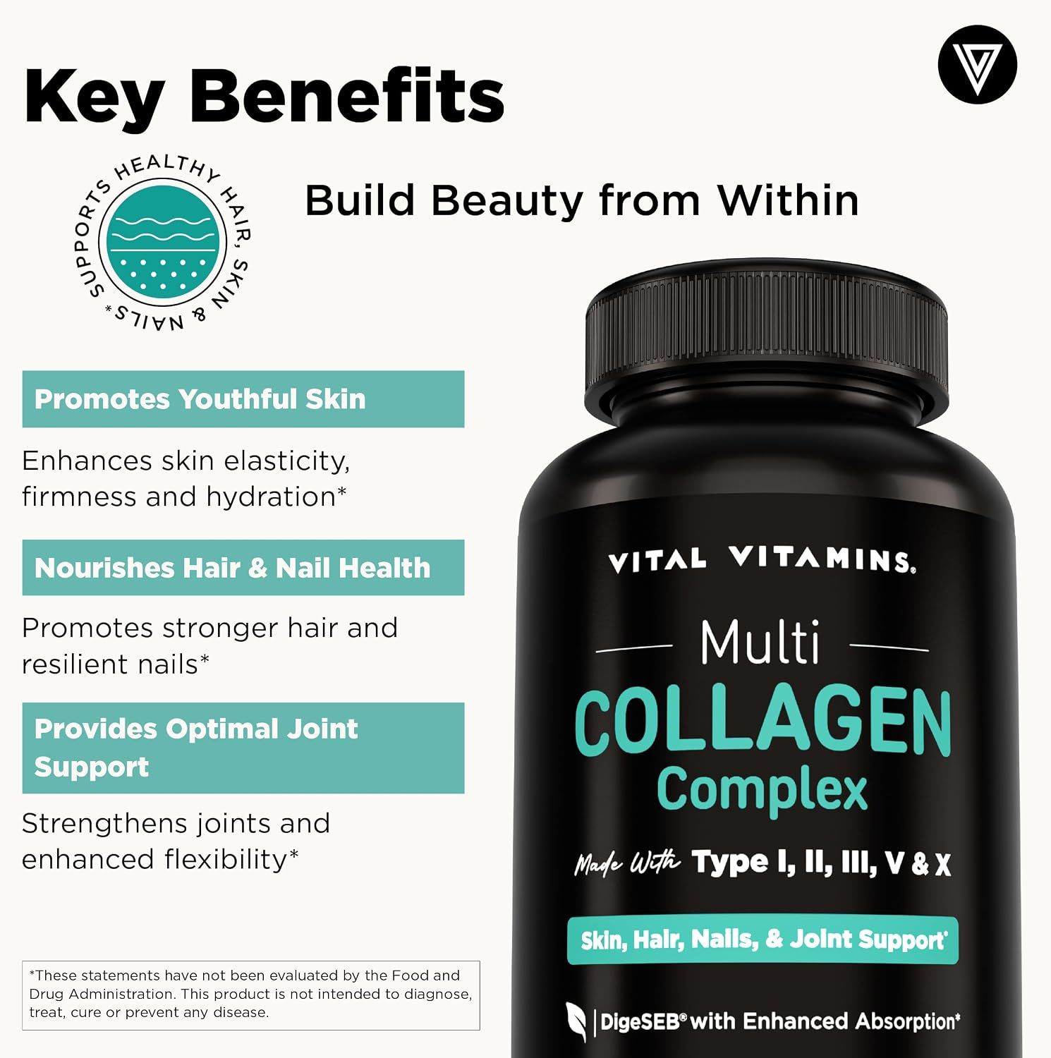 Showcases three distinct benefits of the collagen supplement in a segmented layout: promoting youthful skin, nourishing hair and nails, and providing optimal joint support.