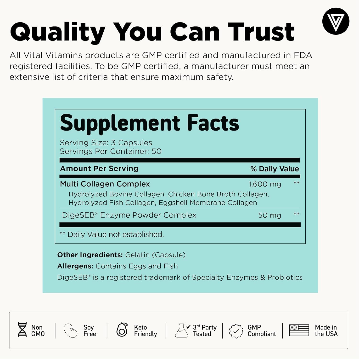 Highlights the product's quality certifications and manufacturing standards, including GMP certification and FDA registration, to reassure shoppers of safety and trustworthiness.