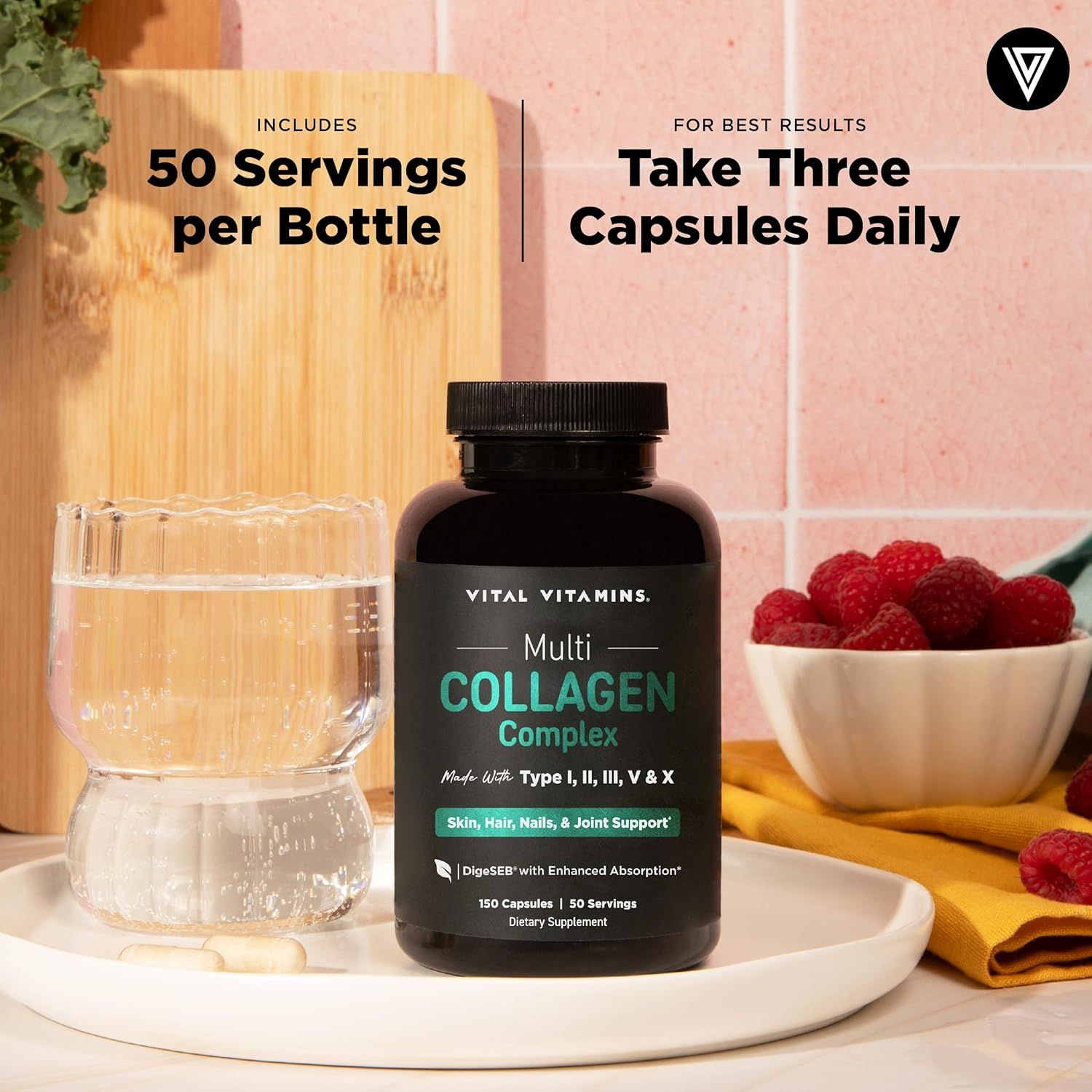 Provides clear usage instructions, informing shoppers that the bottle contains 50 servings and they should take three capsules daily for best results. Communicates the simplicity and convenience of…