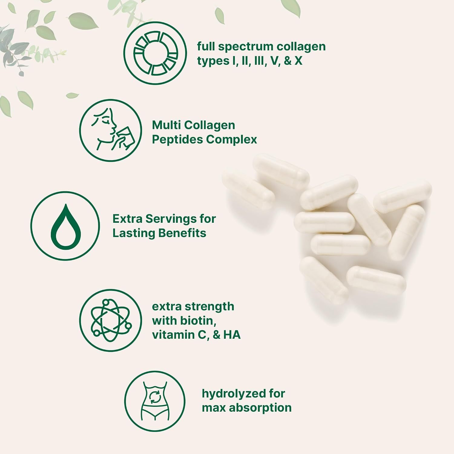 Communicates multiple distinct benefits of the collagen supplement in a segmented icon-based layout, highlighting ingredient variety, enhanced formula, value, and absorption.