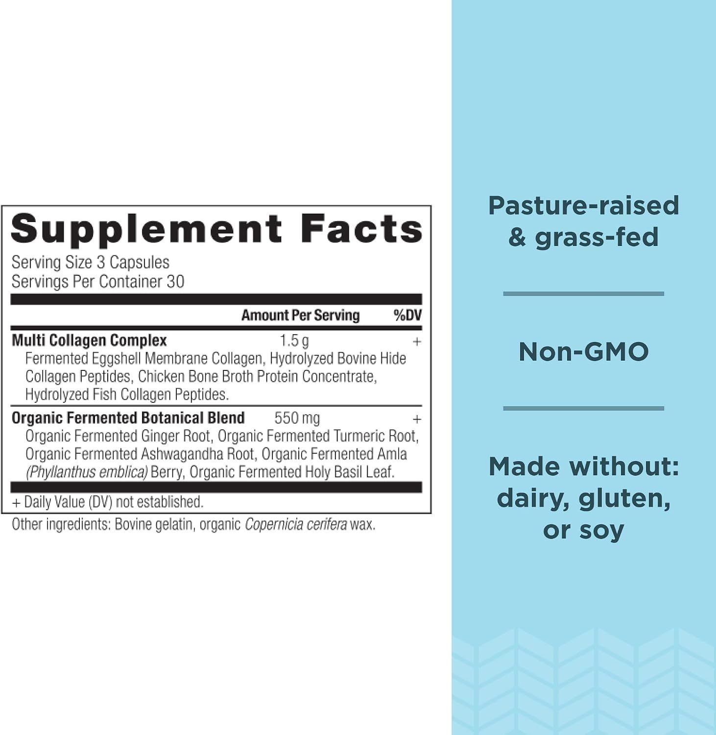 Highlights the product's clean sourcing and allergen-free formulation to reassure health-conscious shoppers about ingredient quality and safety. Shows the detailed supplement facts and ingredient…