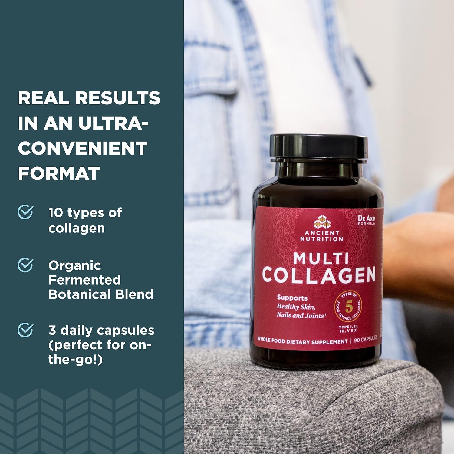 Showcases multiple product benefits in a segmented layout, emphasizing the comprehensive formula and ease of use to appeal to shoppers seeking effective, convenient supplementation.