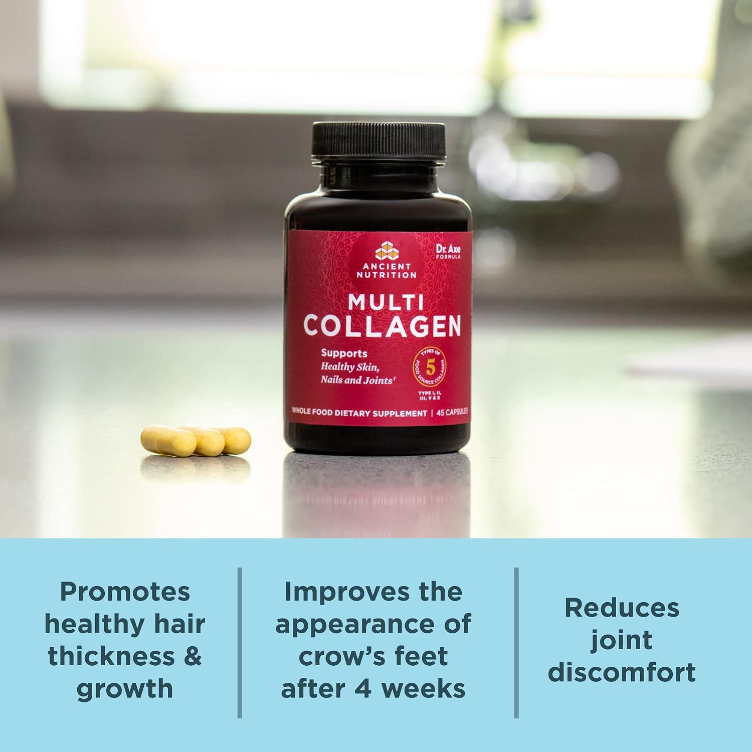 Presents three distinct health and beauty benefits in a segmented layout to demonstrate the product's comprehensive effectiveness for skin, hair, and joints.