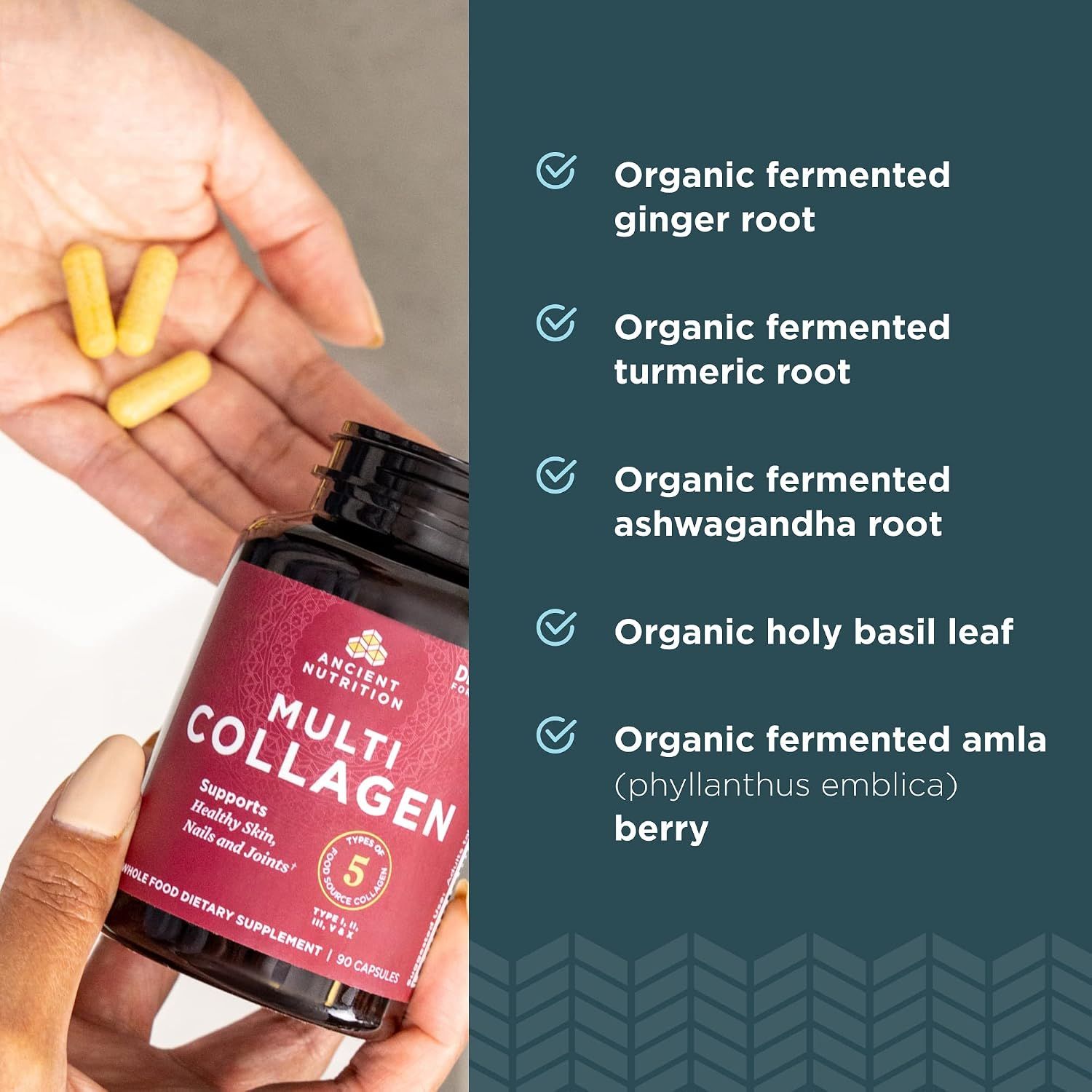 Lists multiple organic botanical ingredients in a checklist format to emphasize the product's comprehensive, high-quality herbal blend and appeal to health-conscious shoppers.