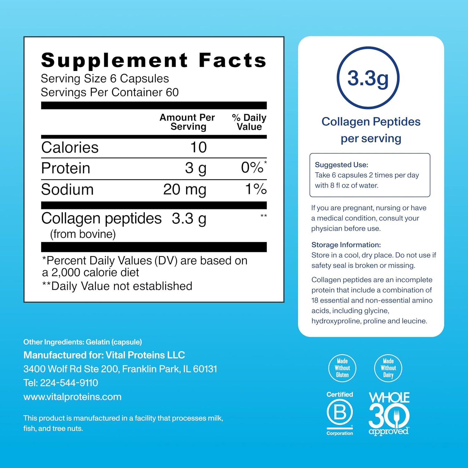 Highlights the specific dosage of collagen peptides per serving to communicate product potency and value to shoppers. Communicates the key nutritional benefit of the supplement with clear dosage…