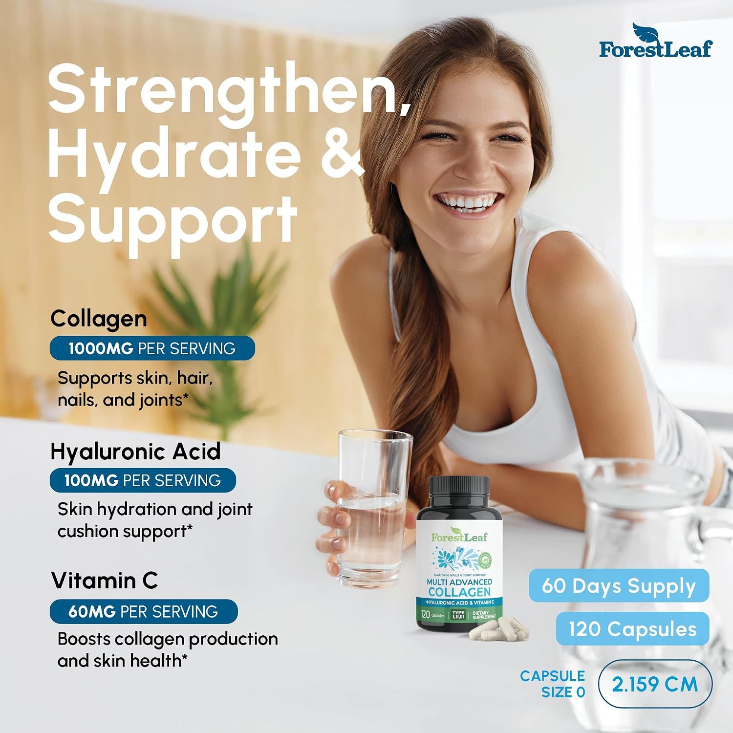 Breaks down the key ingredients and their dosages to show shoppers exactly what the supplement contains and how each component supports skin, hair, nails, and joints. Highlights multiple benefits of…