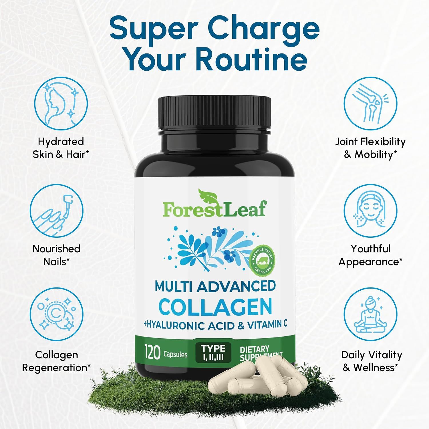 Showcases six distinct wellness benefits in a segmented icon layout to communicate the comprehensive health and beauty advantages of the collagen supplement.