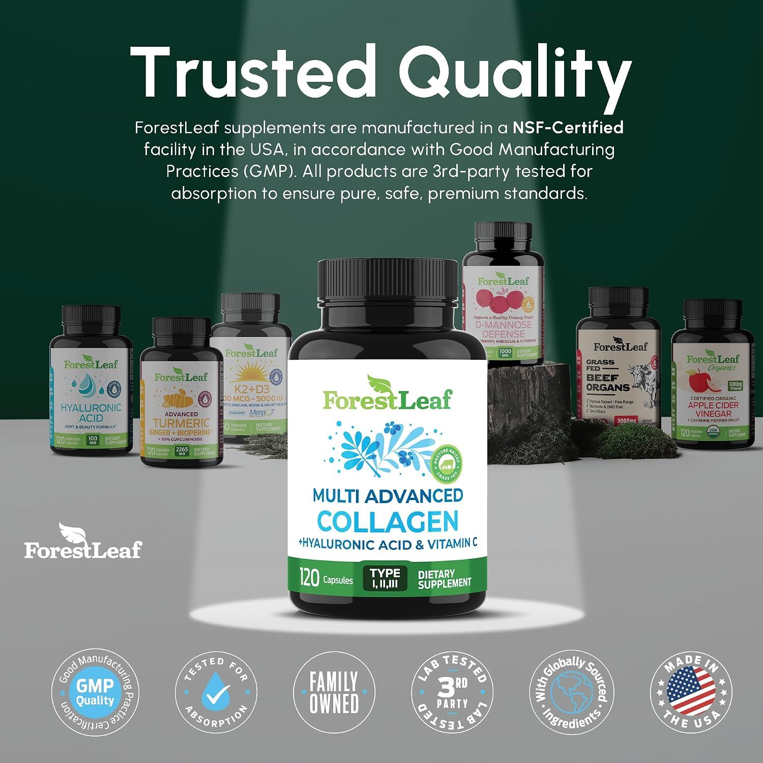 Builds trust in the ForestLeaf brand by showcasing manufacturing certifications, quality standards, product lineup, and USA-based production to reassure shoppers of reliability and safety.