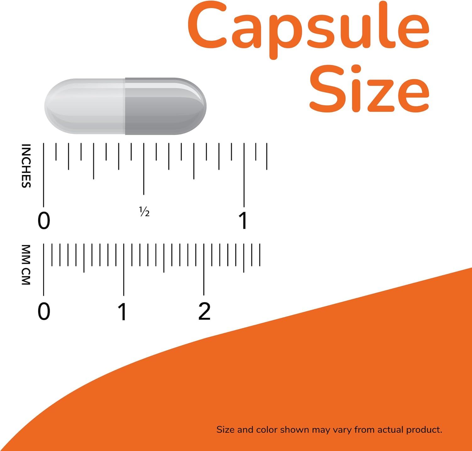 Shows the physical dimensions of the capsule using a ruler reference to help shoppers understand how large the pill is and ease of swallowing.