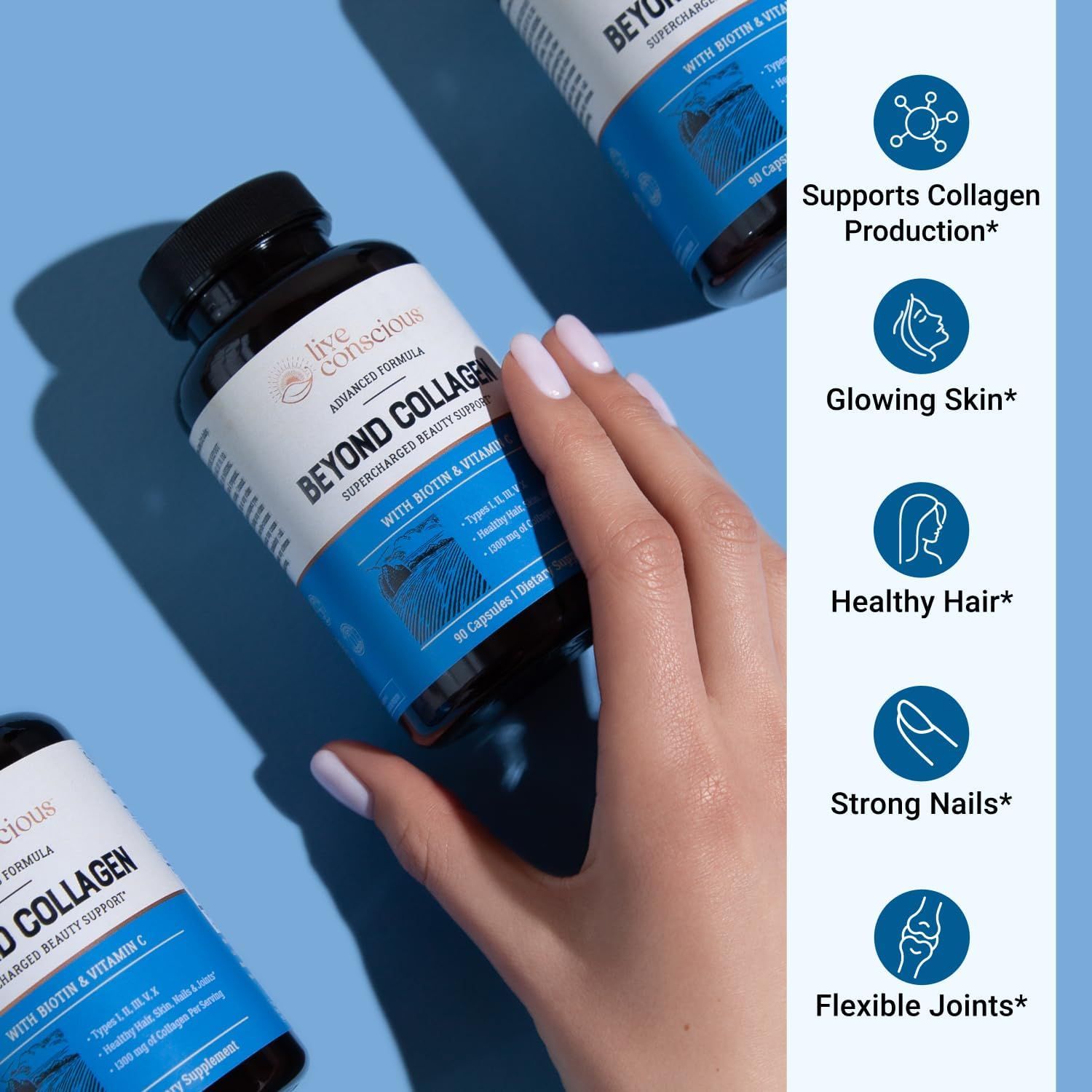 Highlights five distinct beauty and health benefits of the collagen supplement in a segmented icon layout to show comprehensive full-body support.