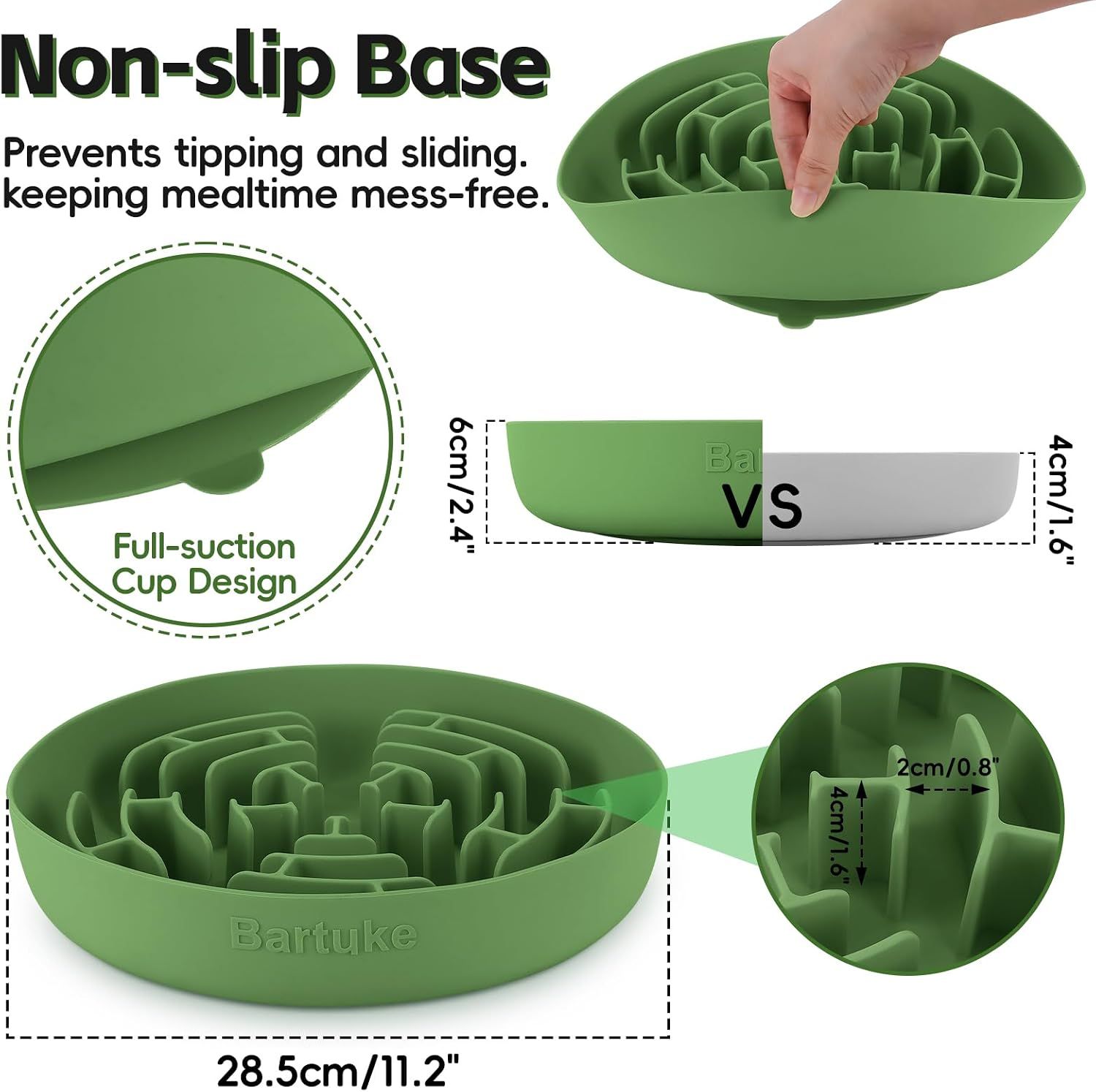 Highlights multiple product features in a segmented layout: the non-slip base that prevents tipping and sliding, the full-suction cup design, and the product dimensions to show size and stability.