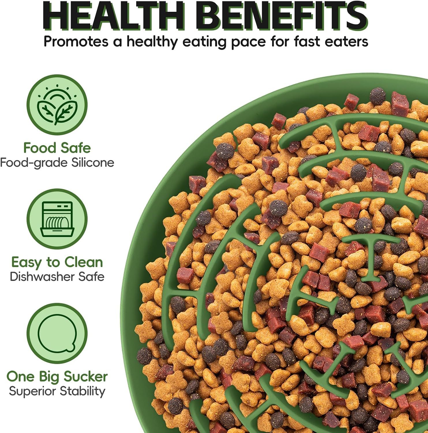 Showcases multiple health and convenience benefits in a segmented icon layout: food-grade silicone material, dishwasher-safe cleaning, and superior stability from the suction cup design.