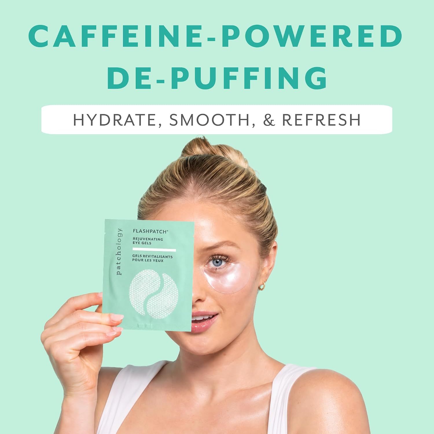 Highlights the product's caffeine-powered de-puffing benefit to communicate that it hydrates, smooths, and refreshes the under-eye area.