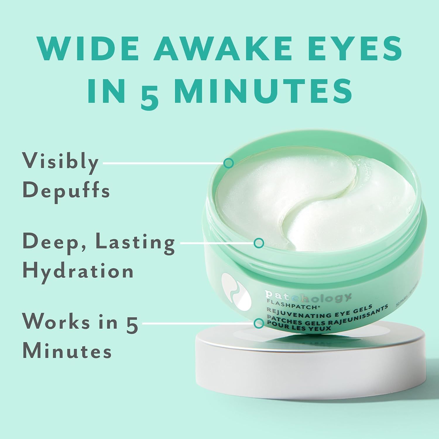 Showcases three distinct benefits of the product in a segmented layout to communicate fast-acting de-puffing and hydration.