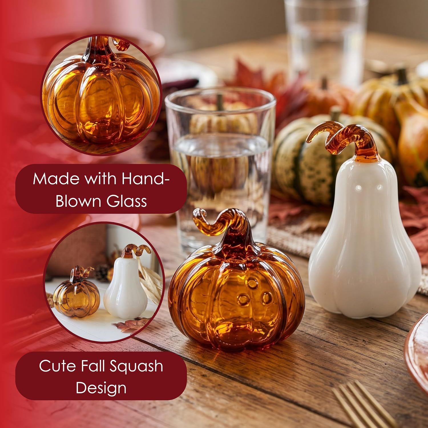 Highlights two distinct product features—the hand-blown glass craftsmanship and the cute fall squash design—to communicate quality and seasonal aesthetic appeal.