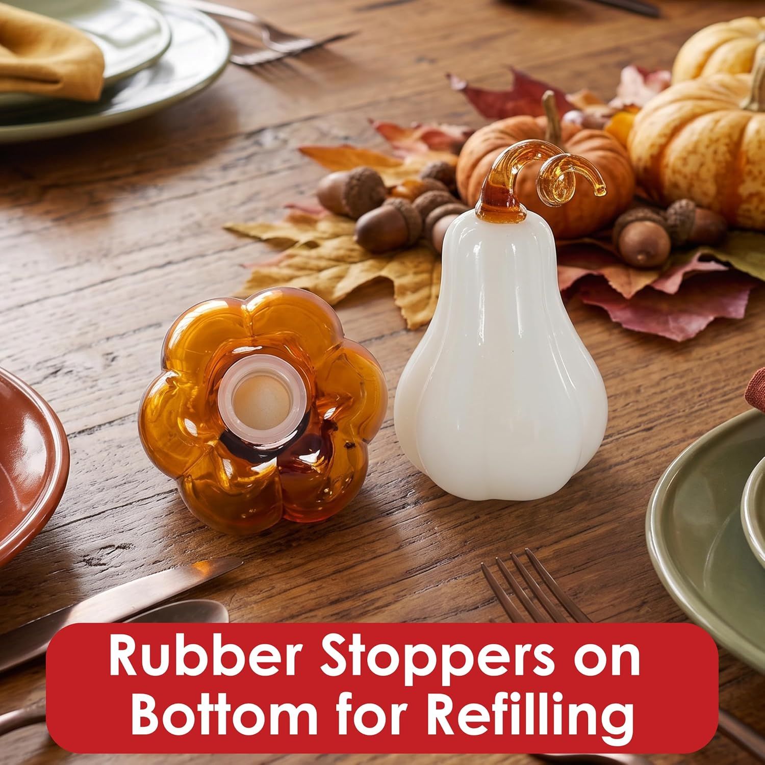 Communicates that the product features rubber stoppers on the bottom for easy refilling, emphasizing convenience and reusability.