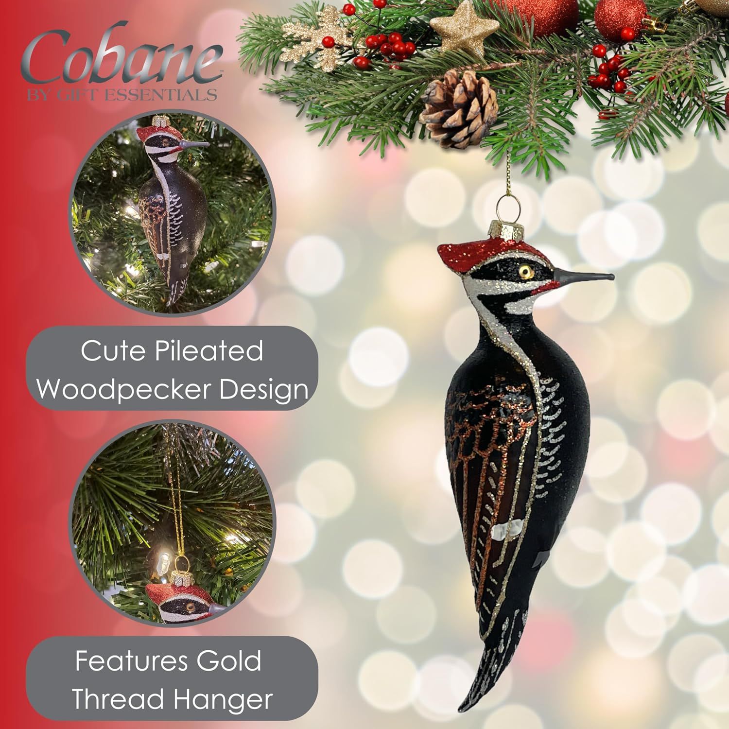 Positions the ornament as a holiday decoration by showcasing its festive design details and Christmas tree context, appealing to seasonal shoppers. Highlights two distinct product features in a…