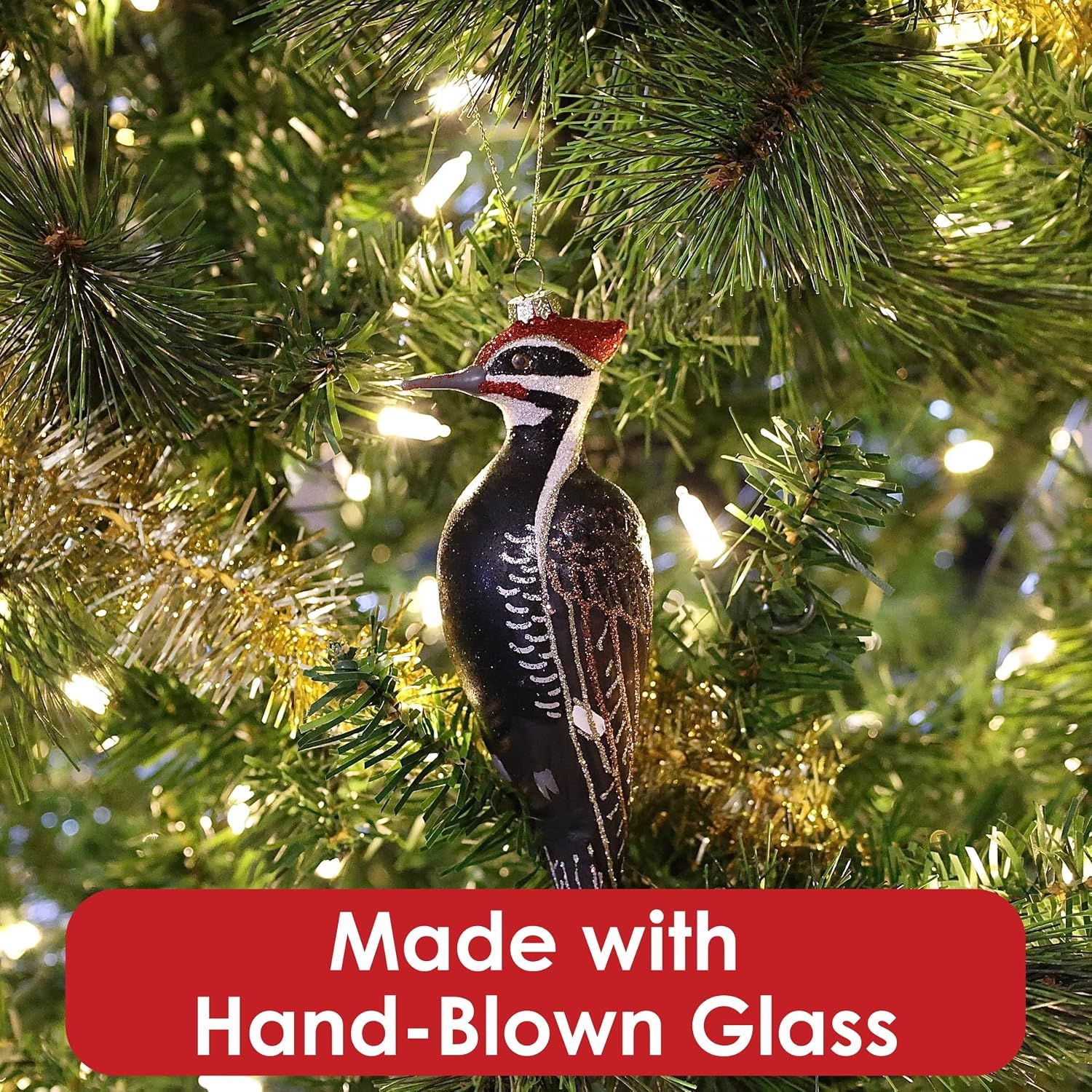 Emphasizes the premium hand-blown glass construction to position the ornament as a quality holiday decoration and potential gift. Communicates the artisanal quality and craftsmanship of the ornament…