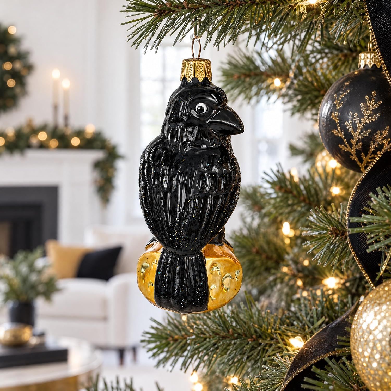 Shows the ornament in a real-world holiday setting on a Christmas tree to help shoppers visualize how it looks when displayed in their home.
