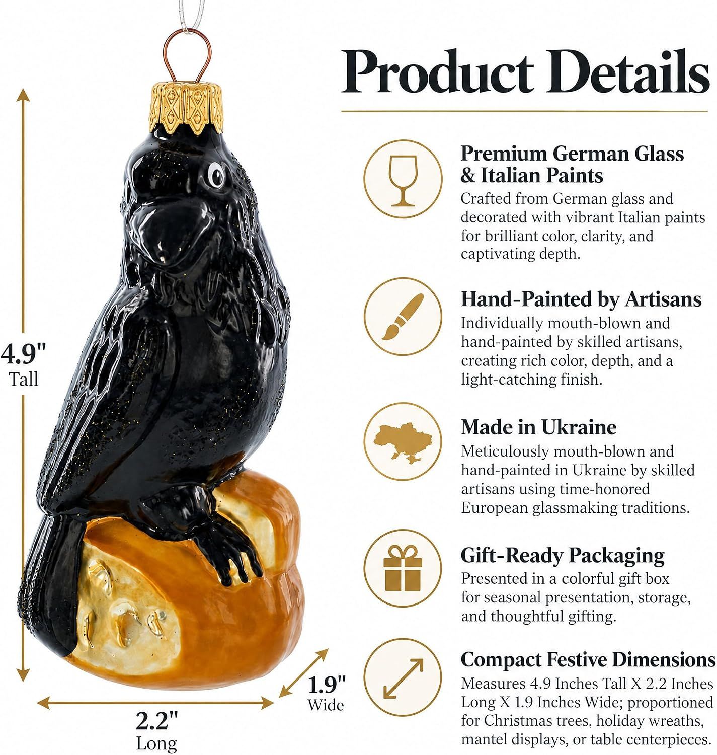 Communicates multiple product benefits in a segmented layout including premium materials, artisan craftsmanship, origin, packaging, and sizing to reassure shoppers of quality and value. Provides…