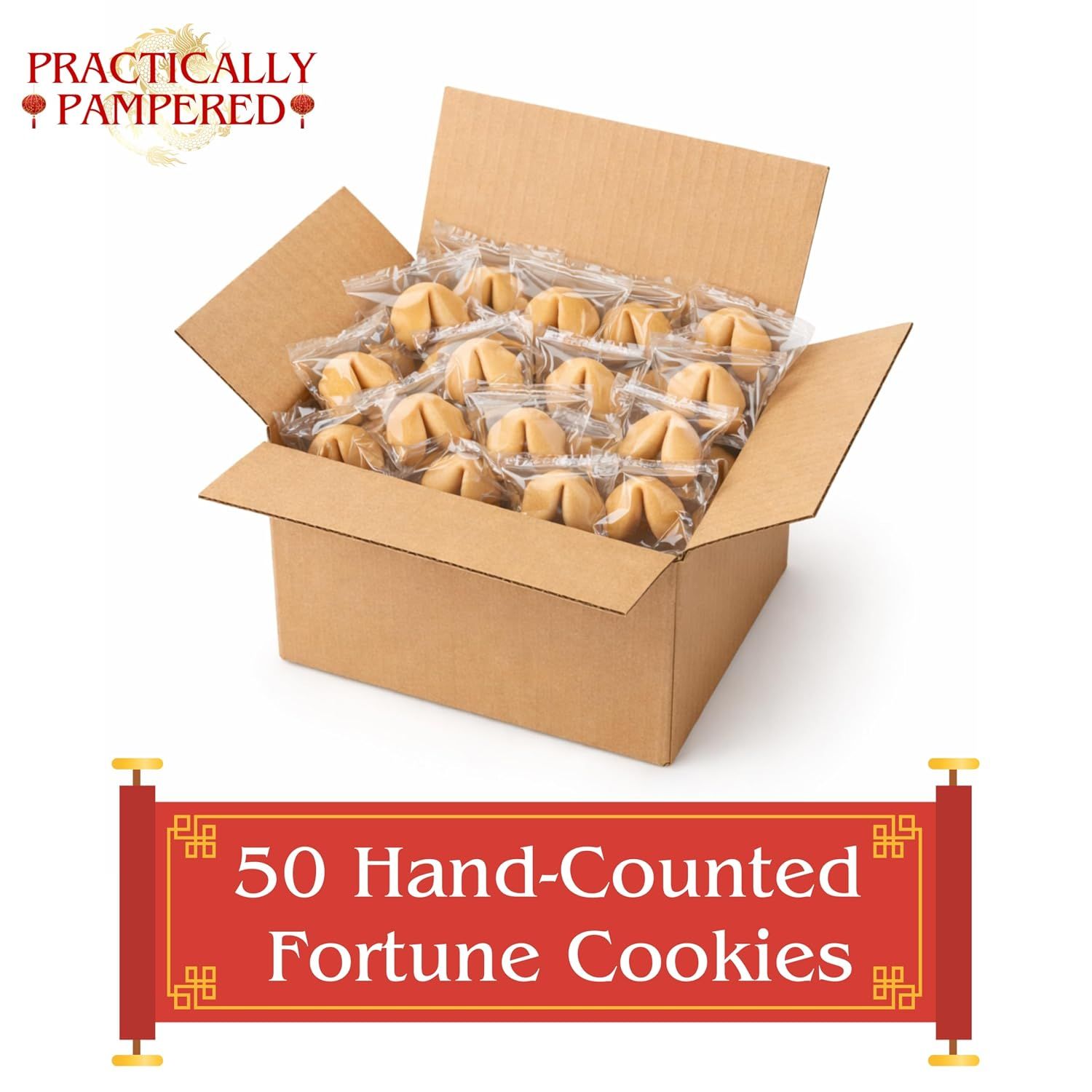 Highlights the quantity of 50 fortune cookies included in the package to communicate value and volume to the shopper. Emphasizes the generous quantity of 50 cookies to appeal to shoppers looking for…