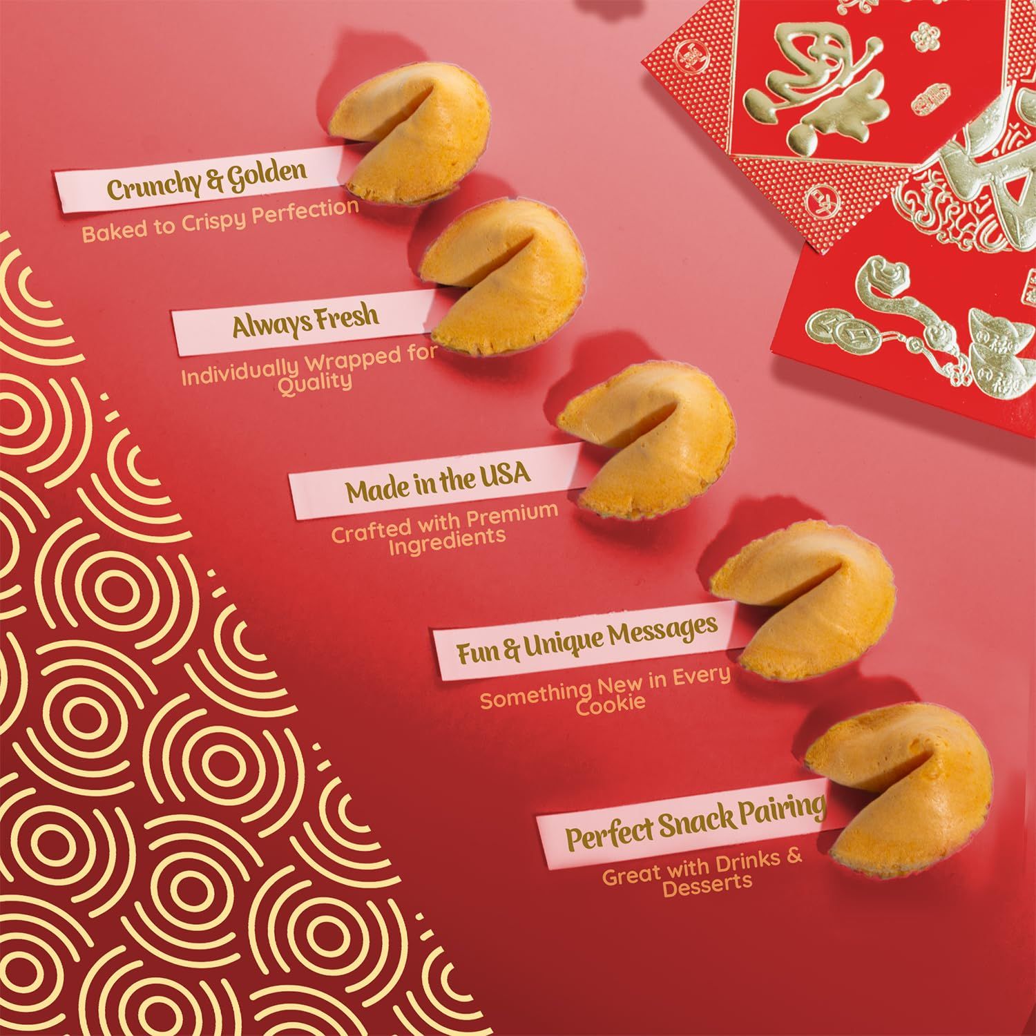 Highlights five distinct product benefits in a segmented layout to communicate quality, freshness, origin, uniqueness, and versatility.