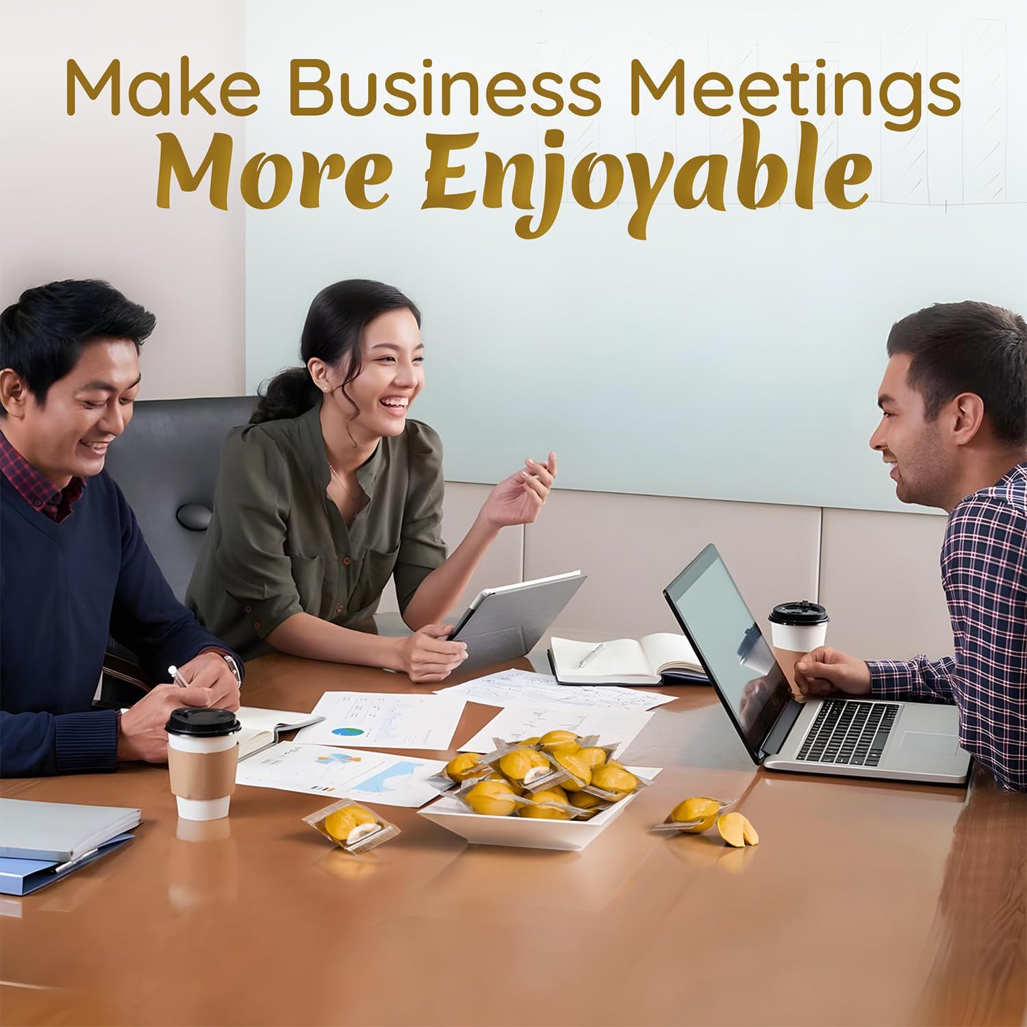 Demonstrates the product's suitability for professional settings to appeal to corporate buyers and office snack purchasers.