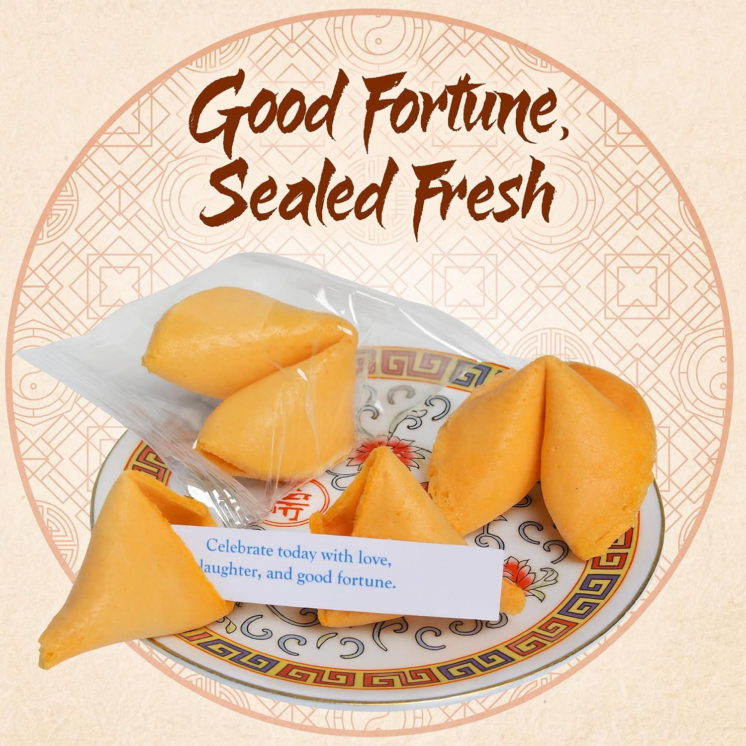 Highlights the individually sealed packaging that keeps fortune cookies fresh and ready to enjoy.