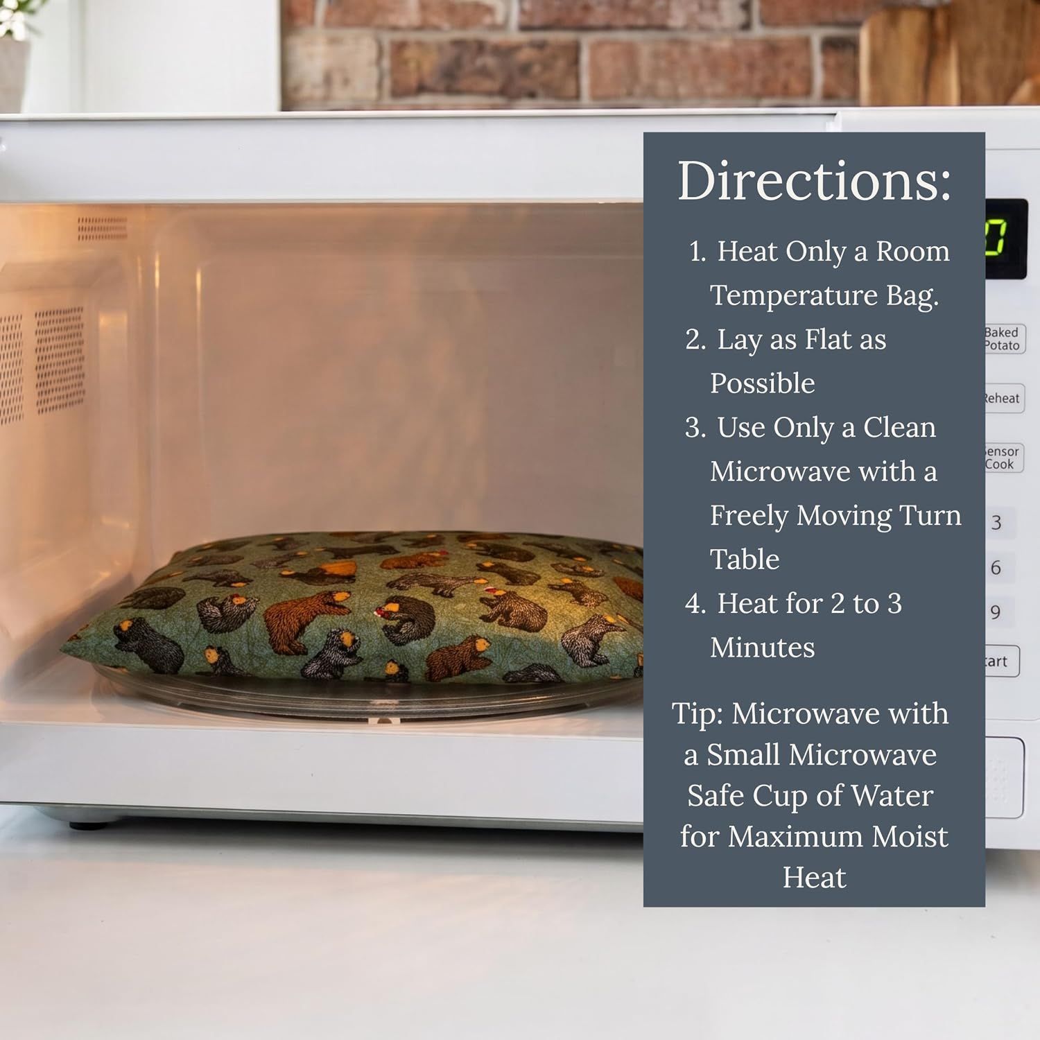 Provides step-by-step directions on how to safely heat and use the product in the microwave, ensuring proper usage and maximum effectiveness.